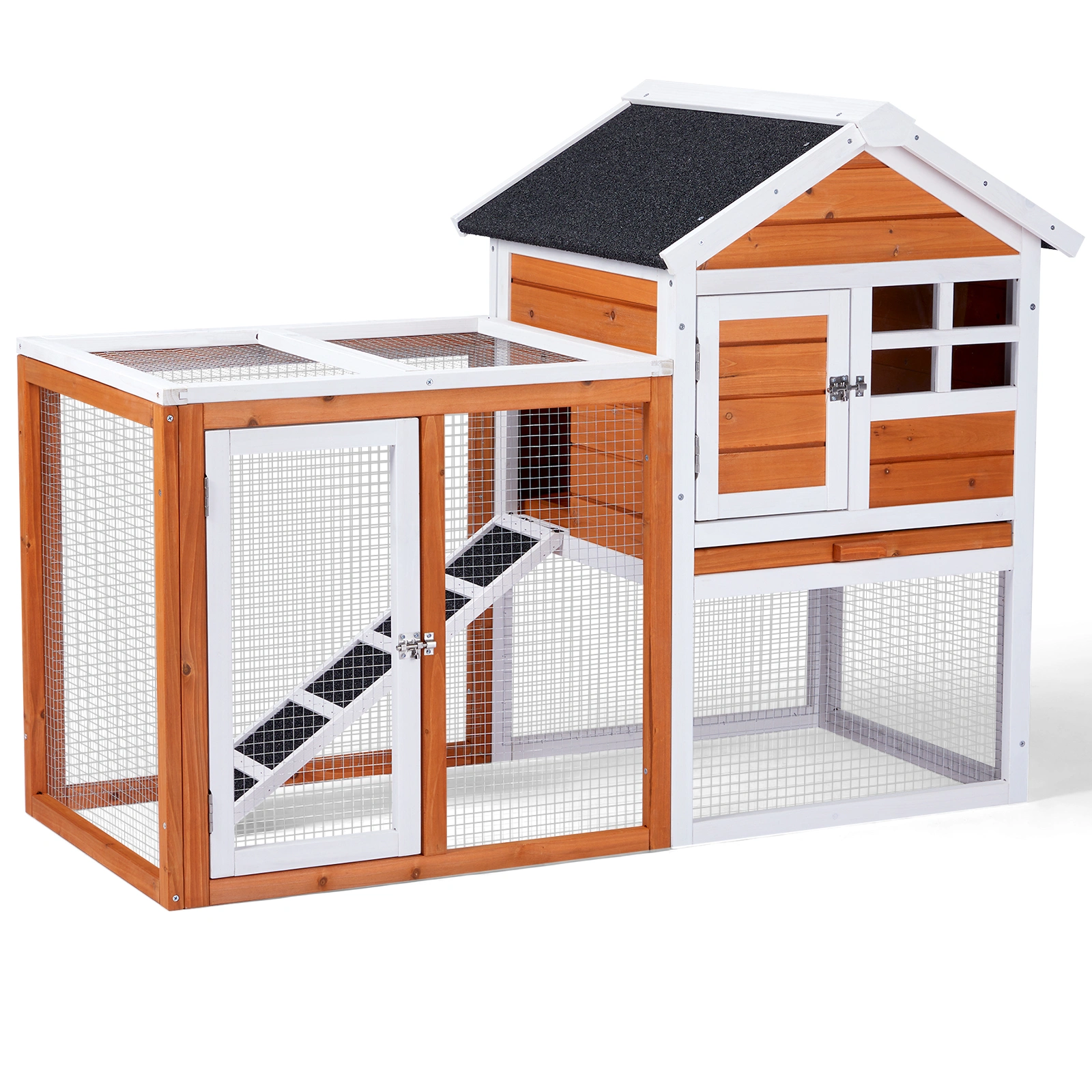 Wooden Rabbit Hutch Outdoor Indoor Chicken Coop Bunny Cage with Run Guinea Pig Pet House, Orange Pull-Out Tray view 5