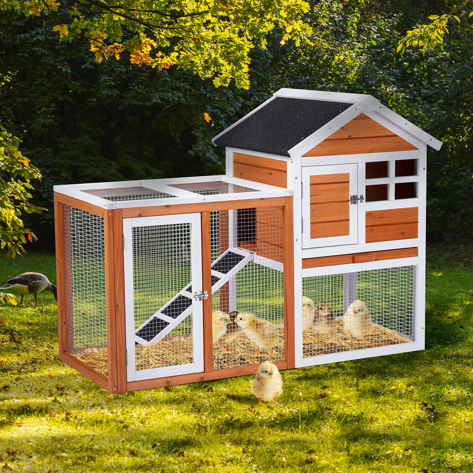 Wooden Rabbit Hutch Outdoor Indoor Chicken Coop Bunny Cage with Run Guinea Pig Pet House, Orange Pull-Out Tray view 6