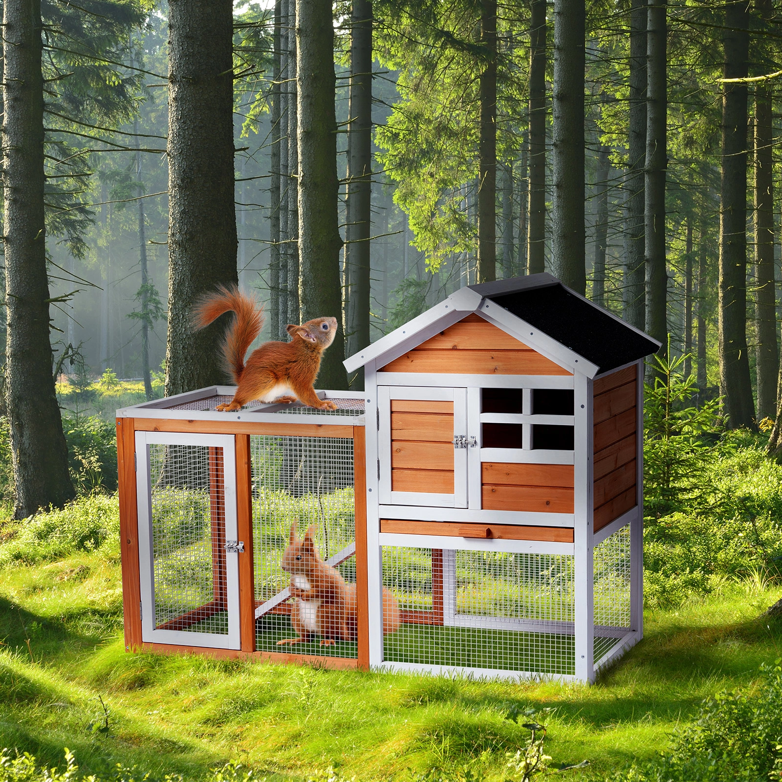 Wooden Rabbit Hutch Outdoor Indoor Chicken Coop Bunny Cage with Run Guinea Pig Pet House, Orange Pull-Out Tray view 7