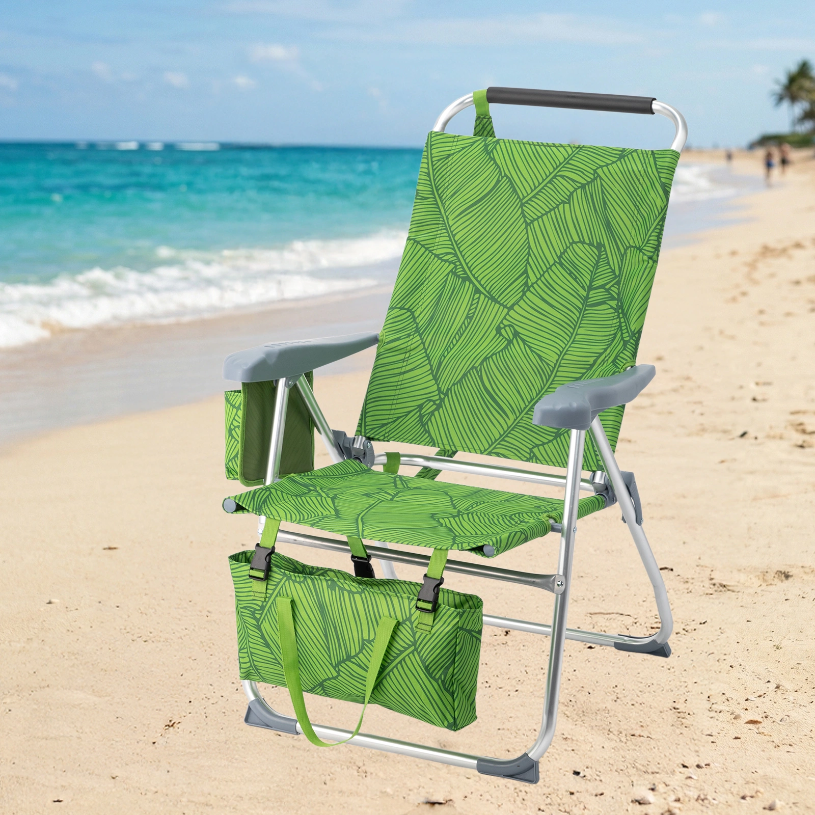 17 Inch Seat Height Beach Chair for Adults, Folding Portable Camping Chair with Headrest, Cup Holder, Side Pocket & Bottom Storage Bag, 7-Position Adjustable Aluminum Beach Chair, Heavy Duty 265 LBS Capacity, Oxford Fabric for Beach, Patio, Pool, Sum view 19