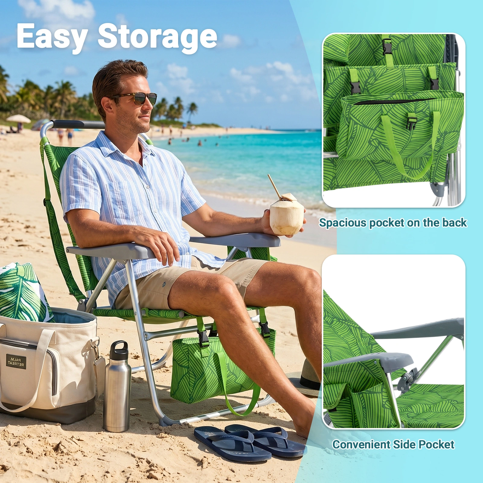 17 Inch Seat Height Beach Chair for Adults, Folding Portable Camping Chair with Headrest, Cup Holder, Side Pocket & Bottom Storage Bag, 7-Position Adjustable Aluminum Beach Chair, Heavy Duty 265 LBS Capacity, Oxford Fabric for Beach, Patio, Pool, Sum view 26