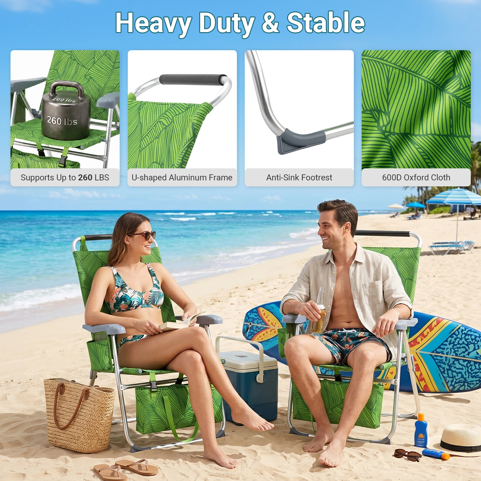 17 Inch Seat Height Beach Chair for Adults, Folding Portable Camping Chair with Headrest, Cup Holder, Side Pocket & Bottom Storage Bag, 7-Position Adjustable Aluminum Beach Chair, Heavy Duty 265 LBS Capacity, Oxford Fabric for Beach, Patio, Pool, Sum view 28