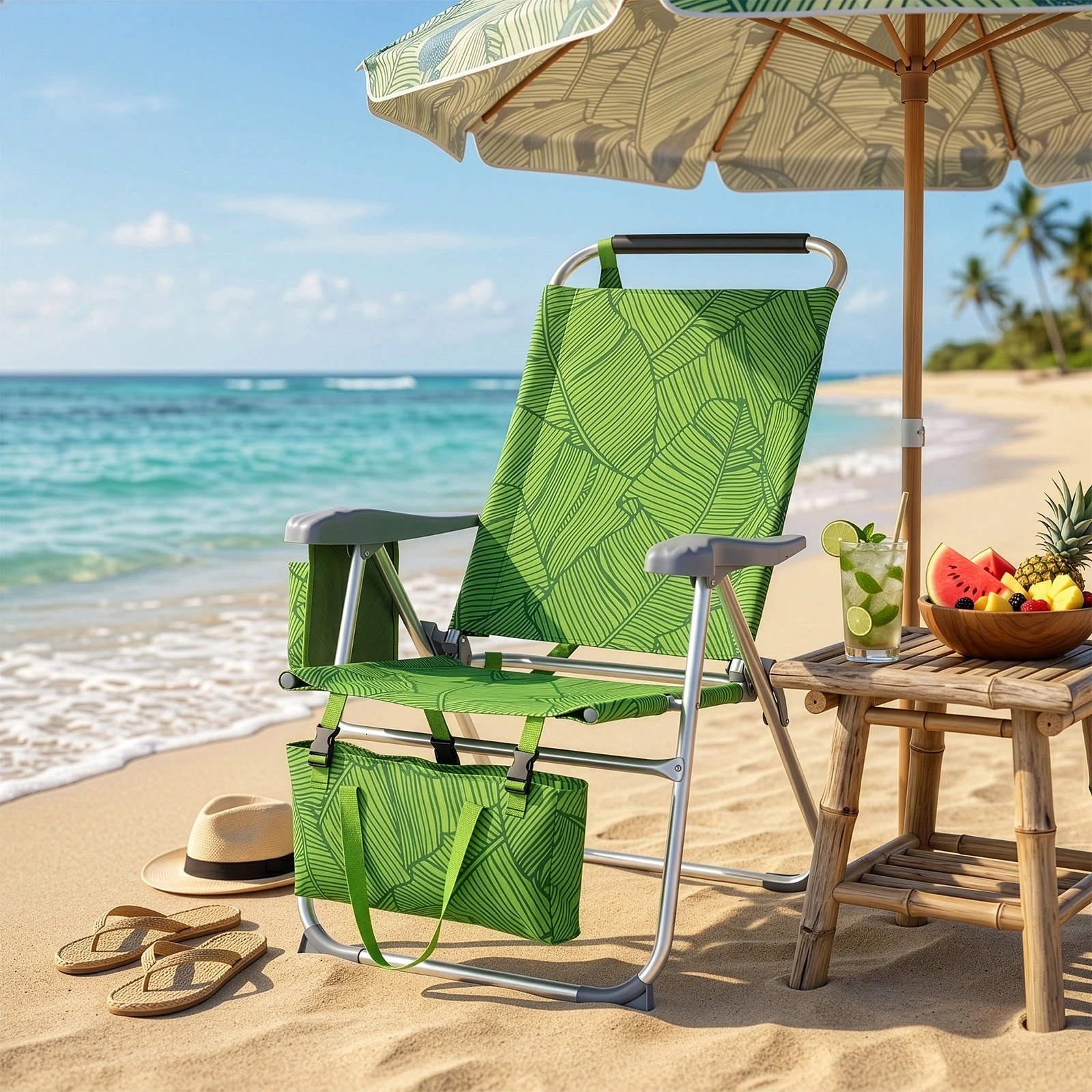 17 Inch Seat Height Beach Chair for Adults, Folding Portable Camping Chair with Headrest, Cup Holder, Side Pocket & Bottom Storage Bag, 7-Position Adjustable Aluminum Beach Chair, Heavy Duty 265 LBS Capacity, Oxford Fabric for Beach, Patio, Pool, Sum view 29
