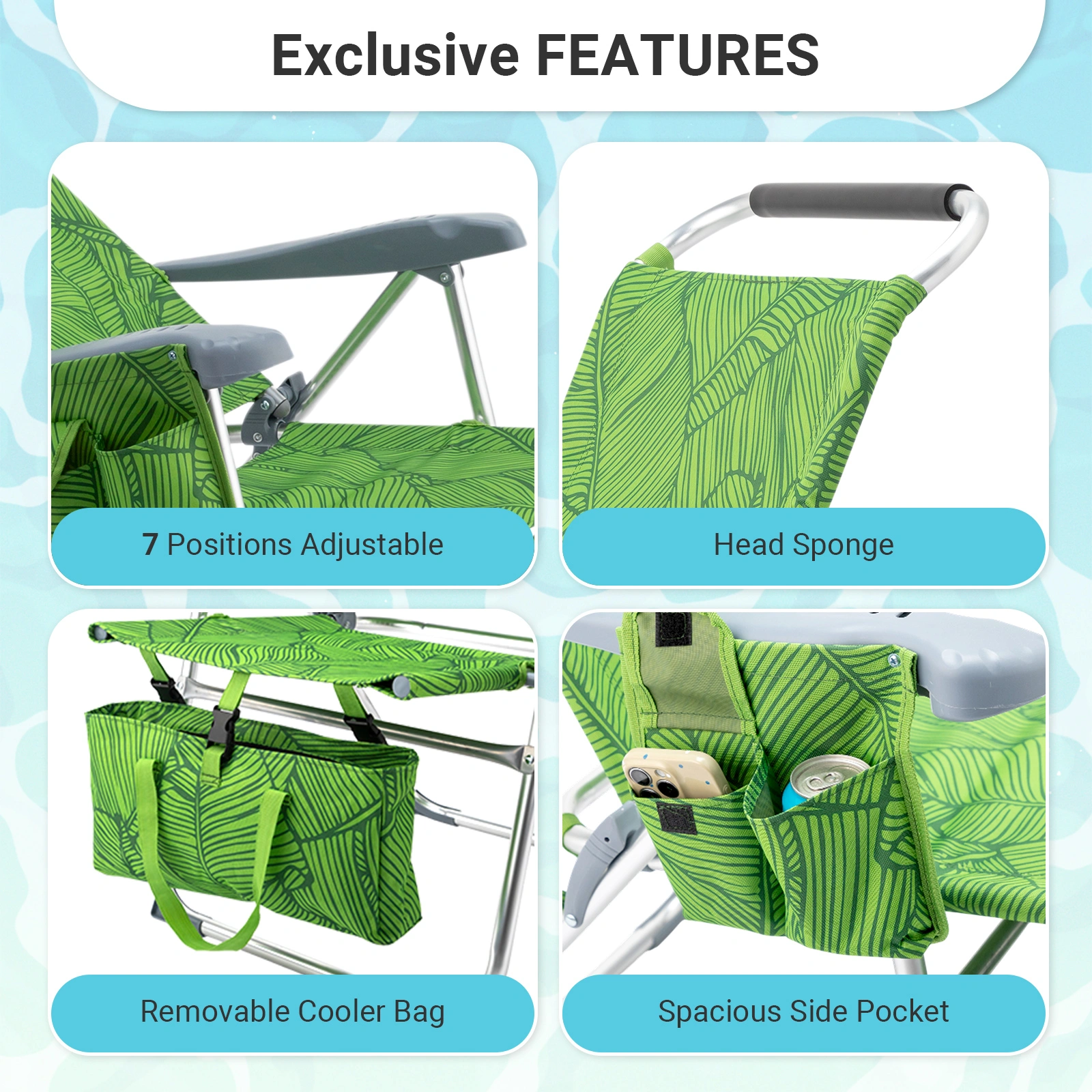 17 Inch Seat Height Beach Chair for Adults, Folding Portable Camping Chair with Headrest, Cup Holder, Side Pocket & Bottom Storage Bag, 7-Position Adjustable Aluminum Beach Chair, Heavy Duty 265 LBS Capacity, Oxford Fabric for Beach, Patio, Pool, Sum view 3
