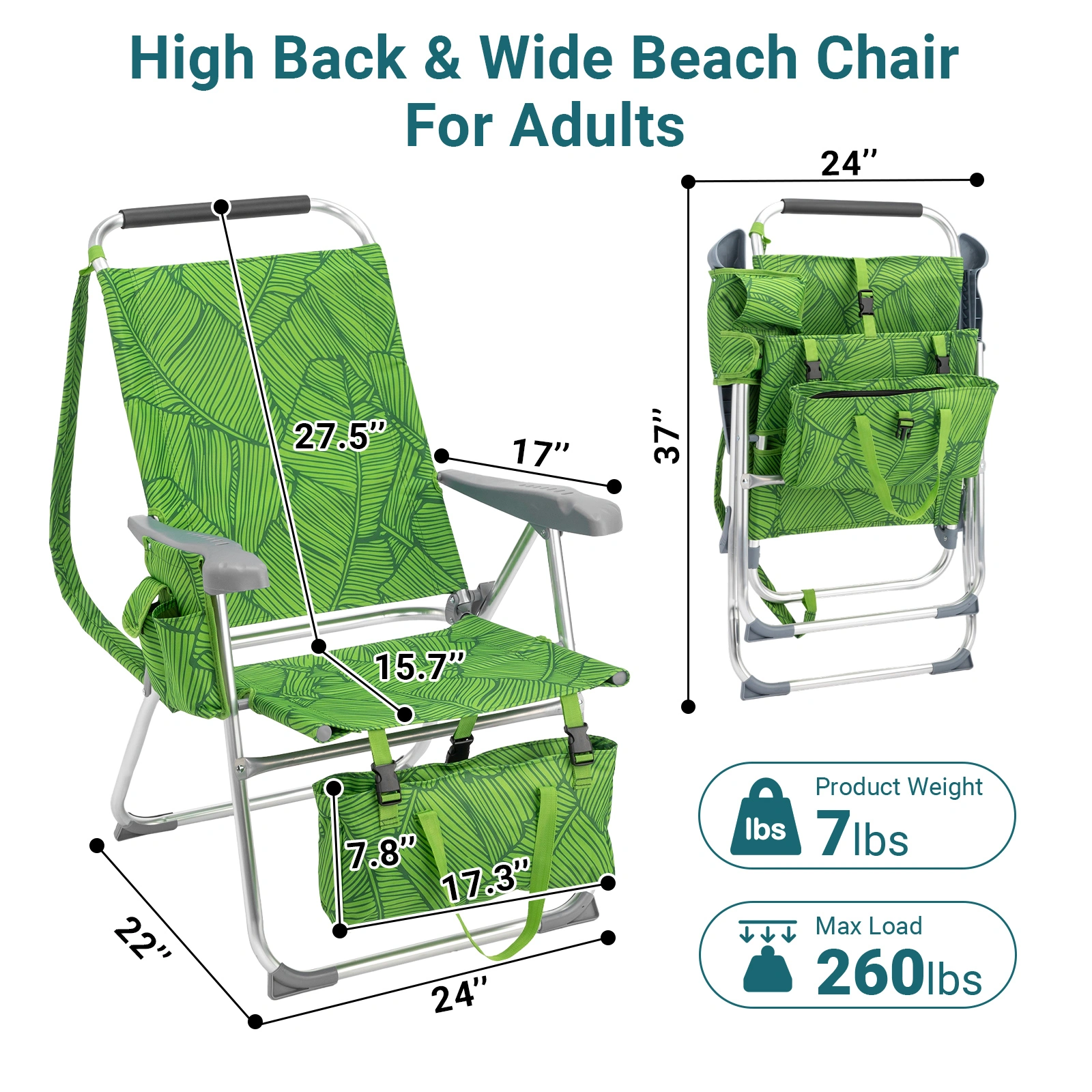 17 Inch Seat Height Beach Chair for Adults, Folding Portable Camping Chair with Headrest, Cup Holder, Side Pocket & Bottom Storage Bag, 7-Position Adjustable Aluminum Beach Chair, Heavy Duty 265 LBS Capacity, Oxford Fabric for Beach, Patio, Pool, Sum view 4