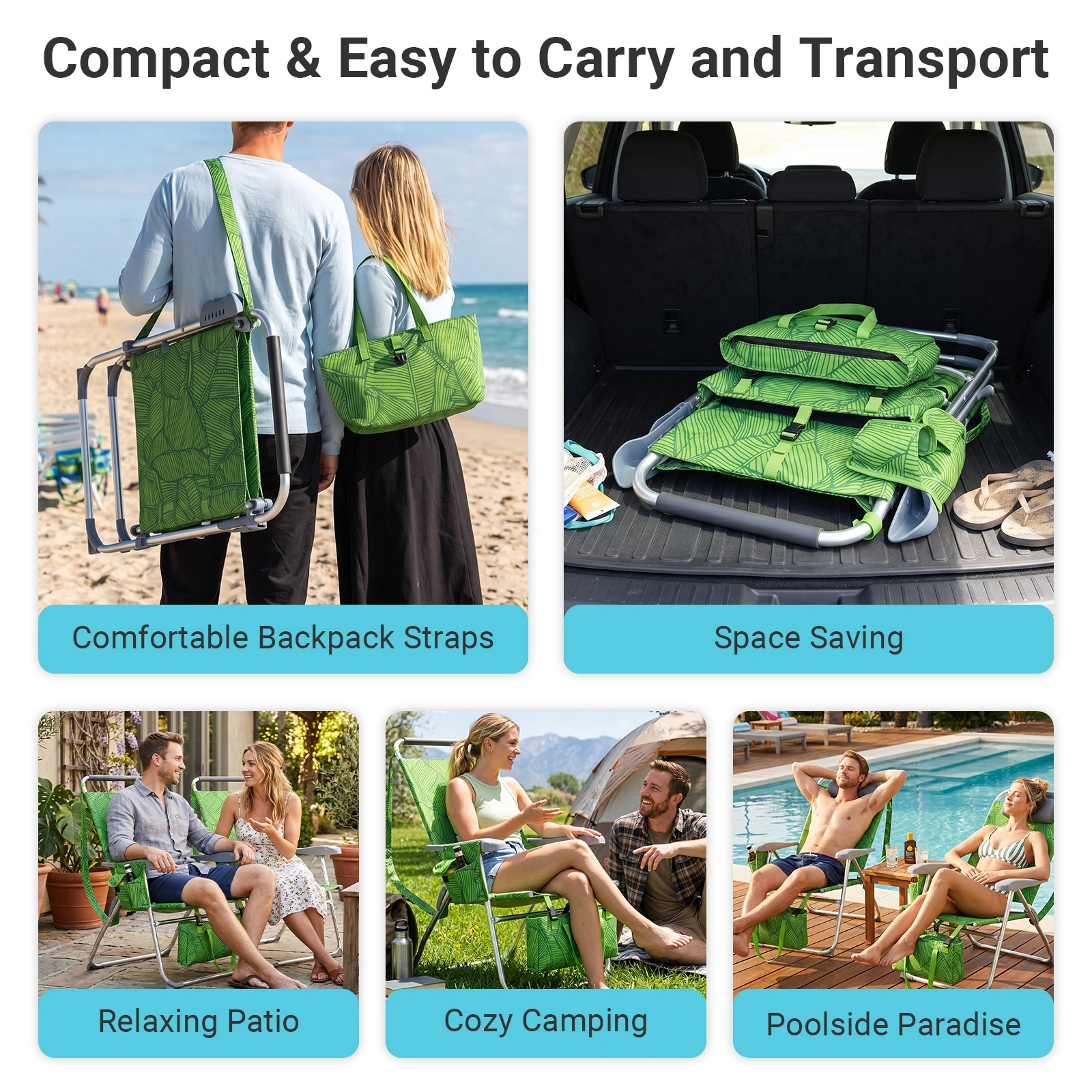 17 Inch Seat Height Beach Chair for Adults, Folding Portable Camping Chair with Headrest, Cup Holder, Side Pocket & Bottom Storage Bag, 7-Position Adjustable Aluminum Beach Chair, Heavy Duty 265 LBS Capacity, Oxford Fabric for Beach, Patio, Pool, Sum view 6