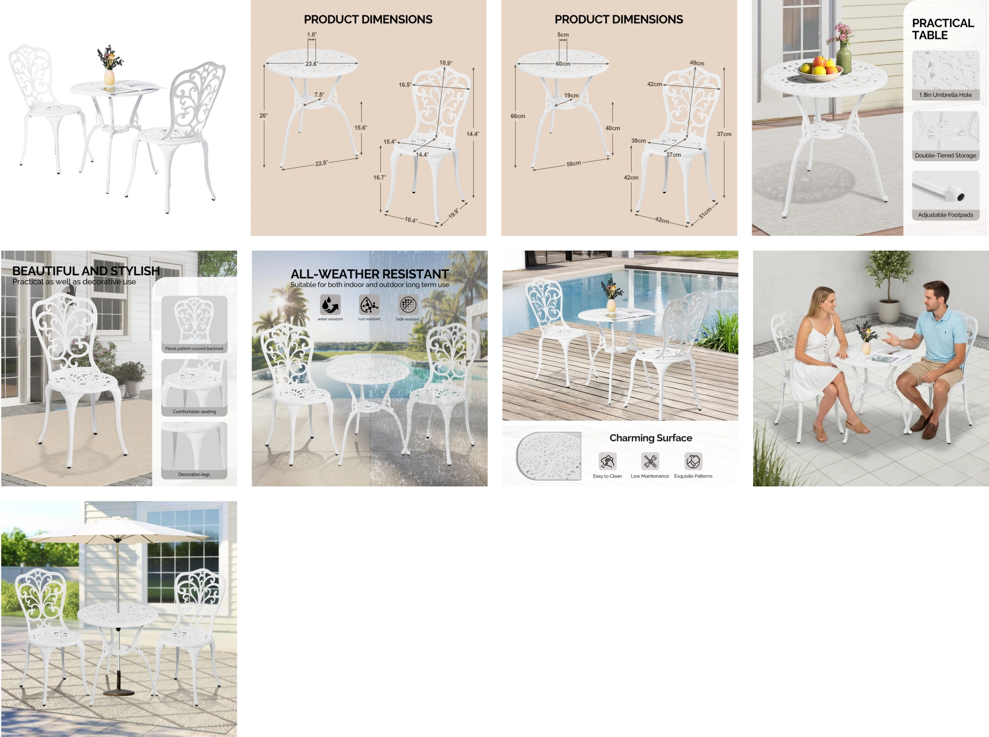 3 PCS Outdoor Bistro Set, All-Weather Cast Aluminum Butterfly Bistro Table and Chairs Set of 2, Patio Bistro Set for Backyard, Garden, Balcony(White) view 10