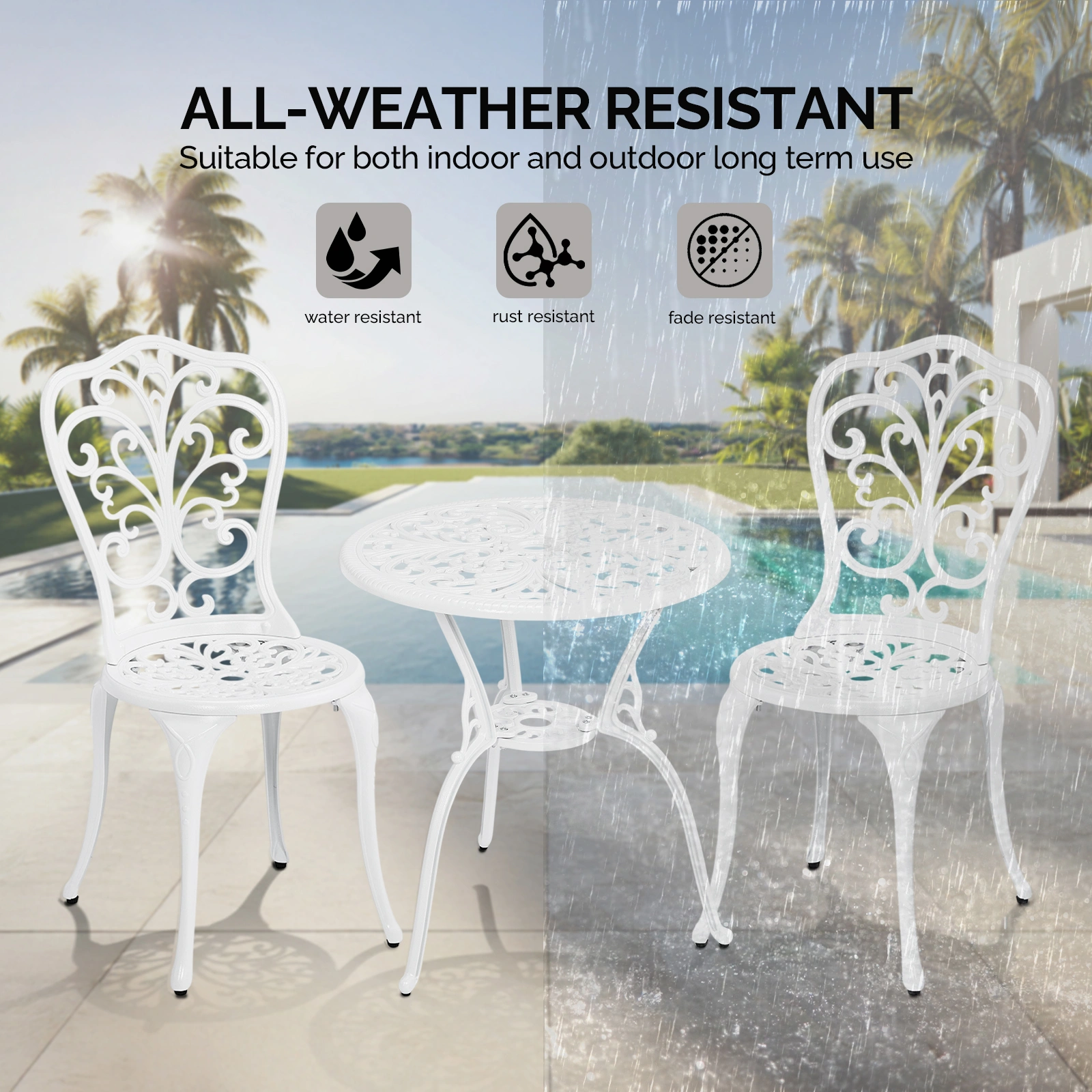 3 PCS Outdoor Bistro Set, All-Weather Cast Aluminum Butterfly Bistro Table and Chairs Set of 2, Patio Bistro Set for Backyard, Garden, Balcony(White) view 8