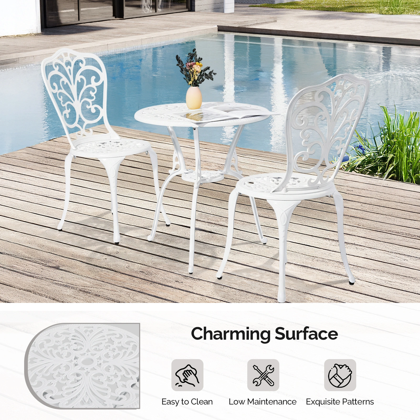 3 PCS Outdoor Bistro Set, All-Weather Cast Aluminum Butterfly Bistro Table and Chairs Set of 2, Patio Bistro Set for Backyard, Garden, Balcony(White) view 9