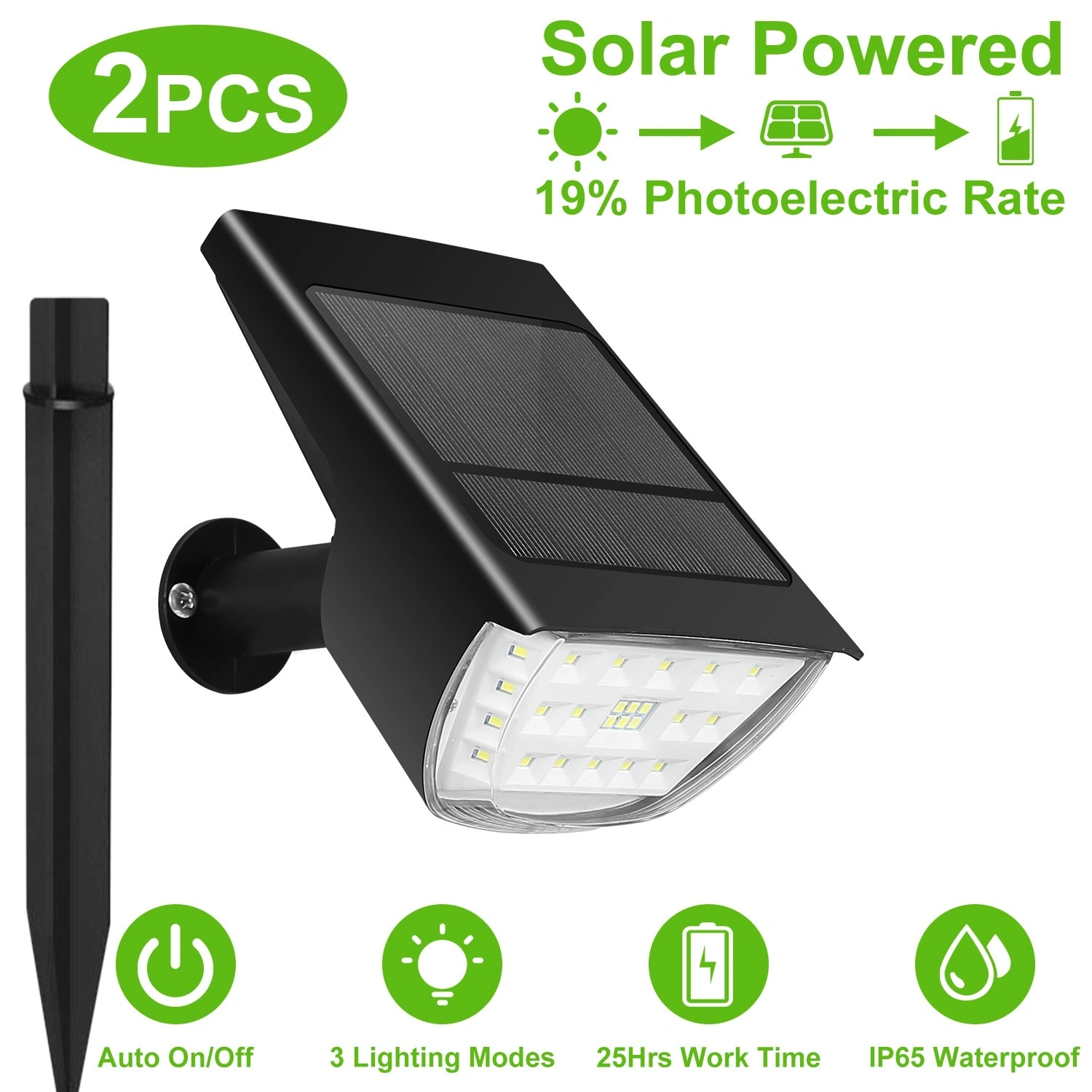 Solar Powered Outdoor Spotlight 32 High Brightness LED 800LM Output, Day Night Auto Switch 3 Brightness Levels Adjustable Panel Two Installation Methods ABS Housing for Yard Patio Path Garage Driveway view 6