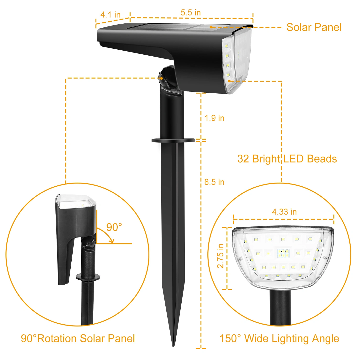 Solar Powered Outdoor Spotlight 32 High Brightness LED 800LM Output, Day Night Auto Switch 3 Brightness Levels Adjustable Panel Two Installation Methods ABS Housing for Yard Patio Path Garage Driveway view 7