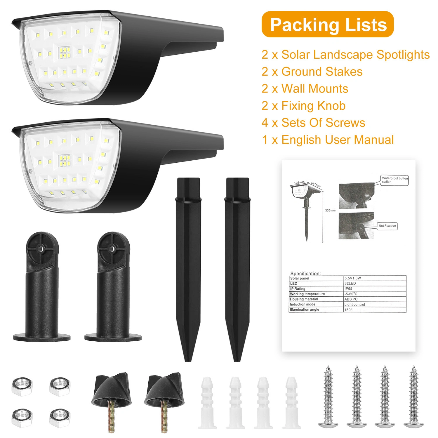 Solar Powered Outdoor Spotlight 32 High Brightness LED 800LM Output, Day Night Auto Switch 3 Brightness Levels Adjustable Panel Two Installation Methods ABS Housing for Yard Patio Path Garage Driveway view 9