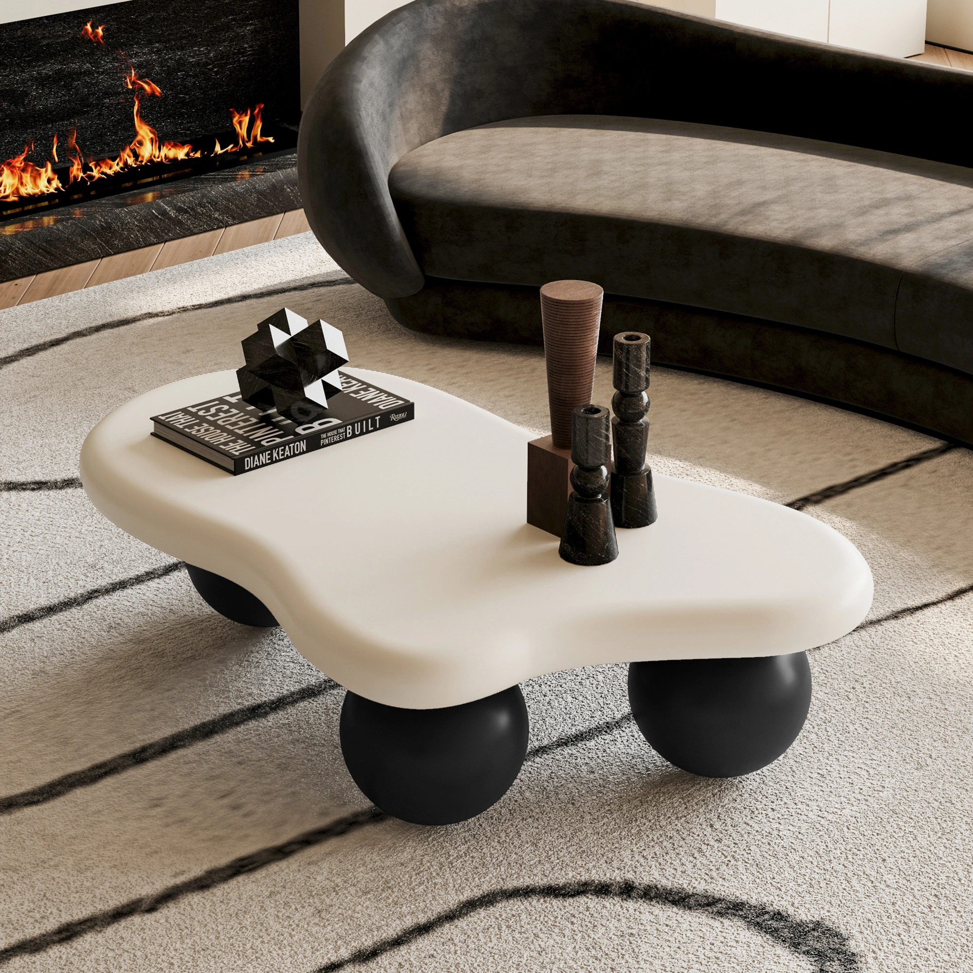 40" Cloud Coffee Table with 3 Ball Legs, White Top & Black Legs, Modern Living Room Center Table view 7