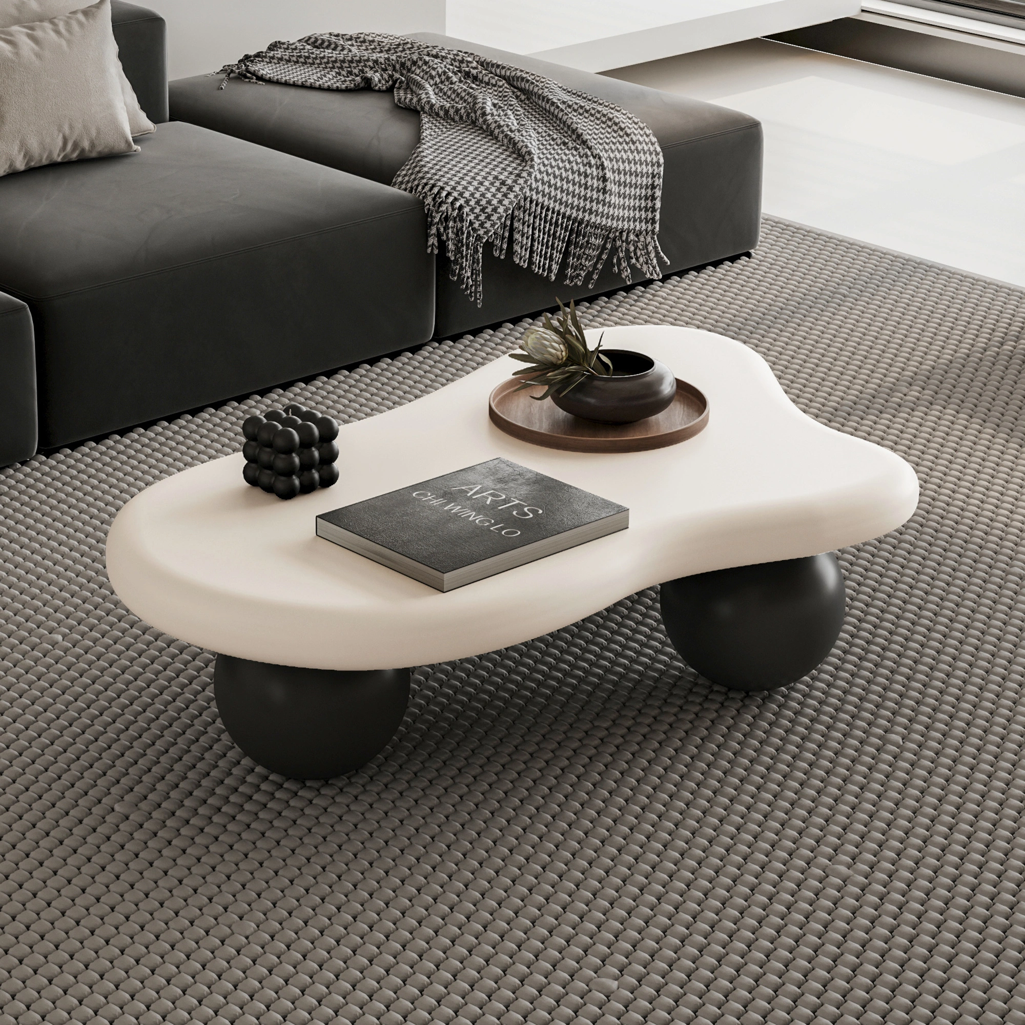 40" Cloud Coffee Table with 3 Ball Legs, White Top & Black Legs, Modern Living Room Center Table view 8