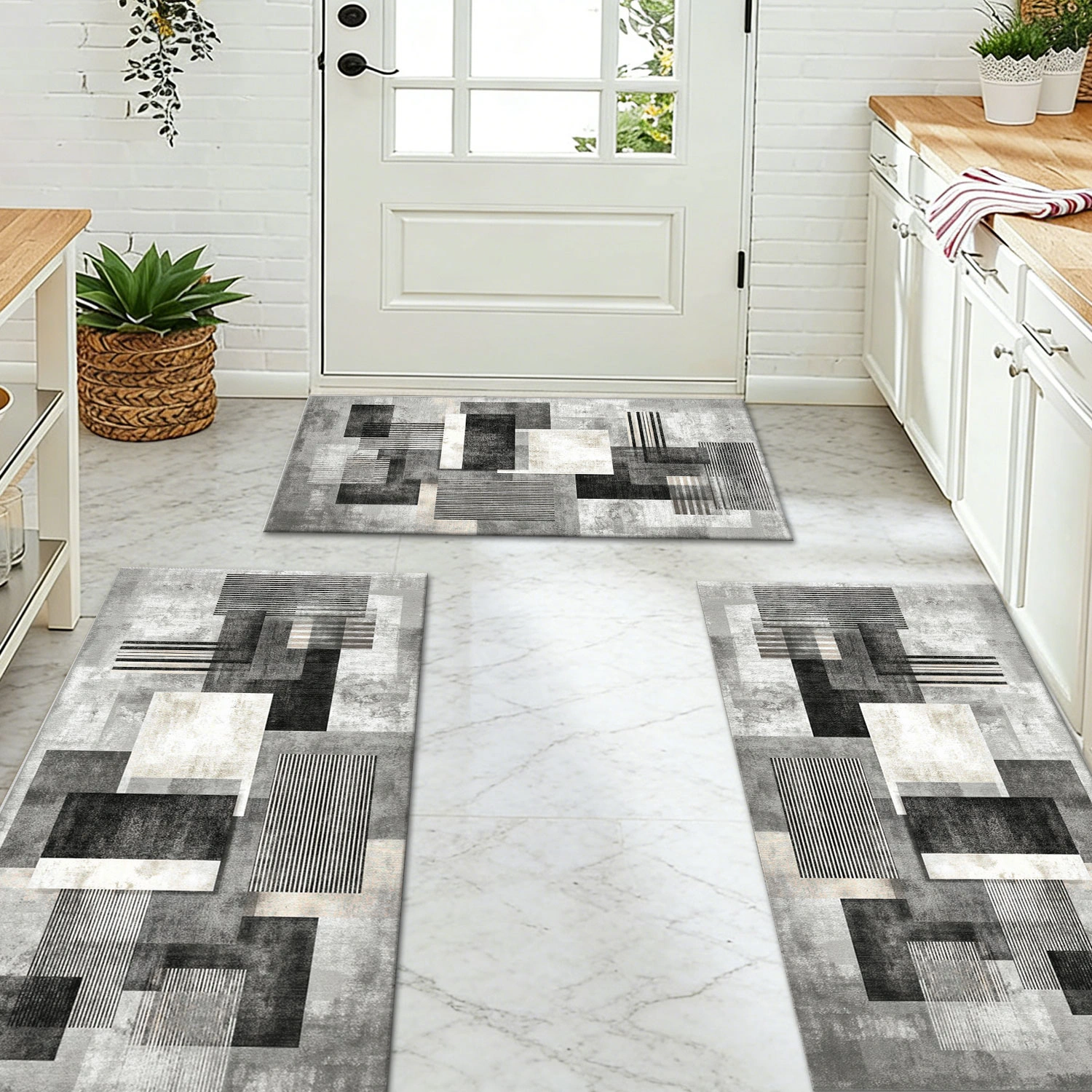 Three-piece kitchen rug set, non-slip and washable, abstract pattern kitchen hallway rug, soft and comfortable, suitable for sinks, floors, entrances, hallways and bathrooms. view 7