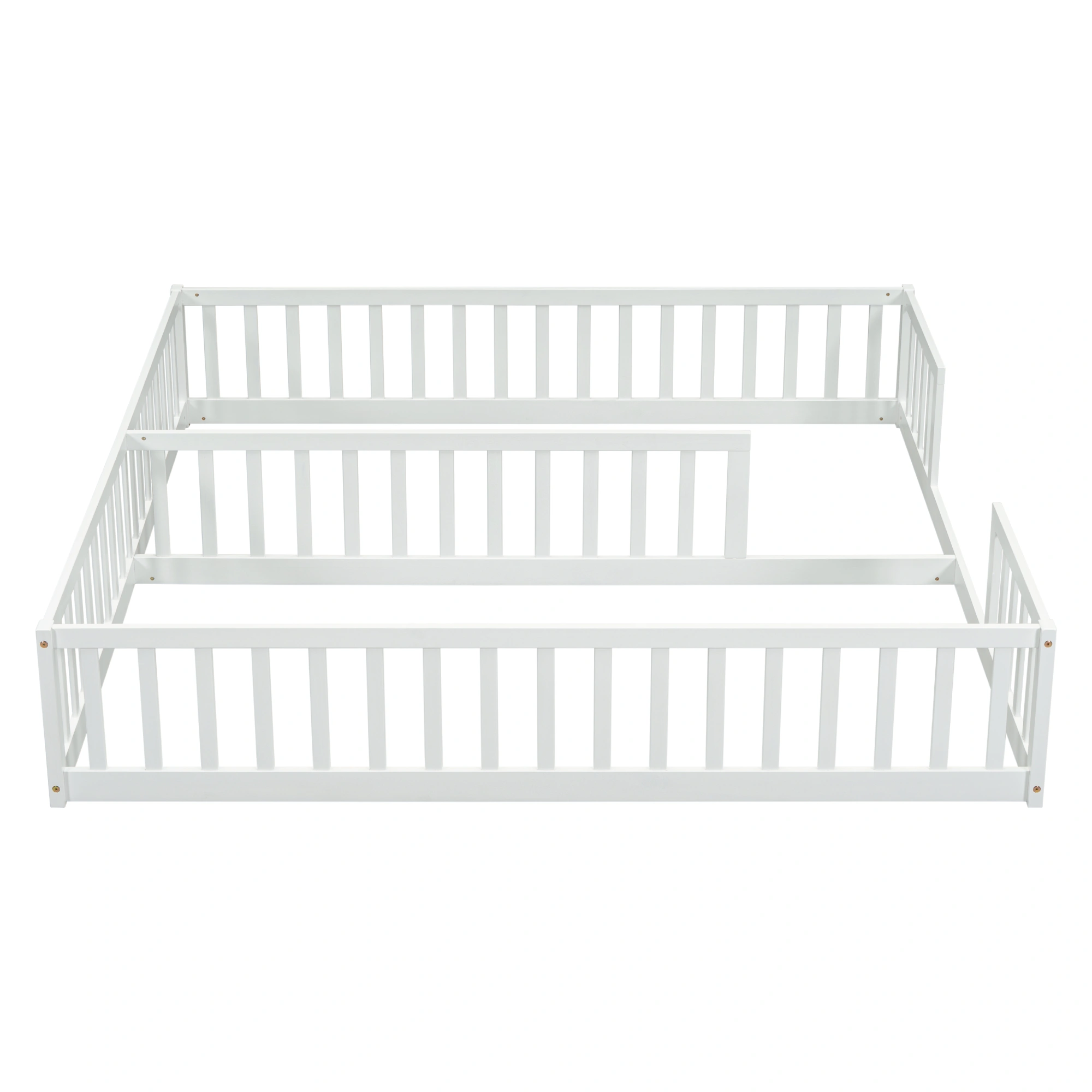 White Double Twin Floor Bed with Fence Guardrails, Low Platform Bed without Door