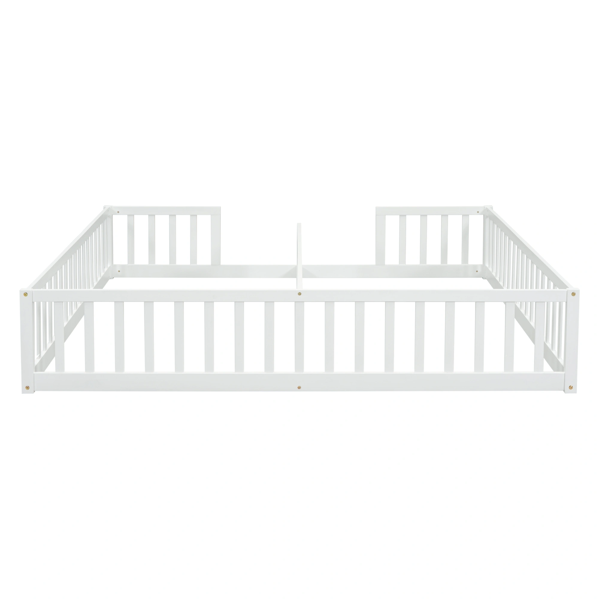 White Double Twin Floor Bed with Fence Guardrails, Low Platform Bed without Door view 11