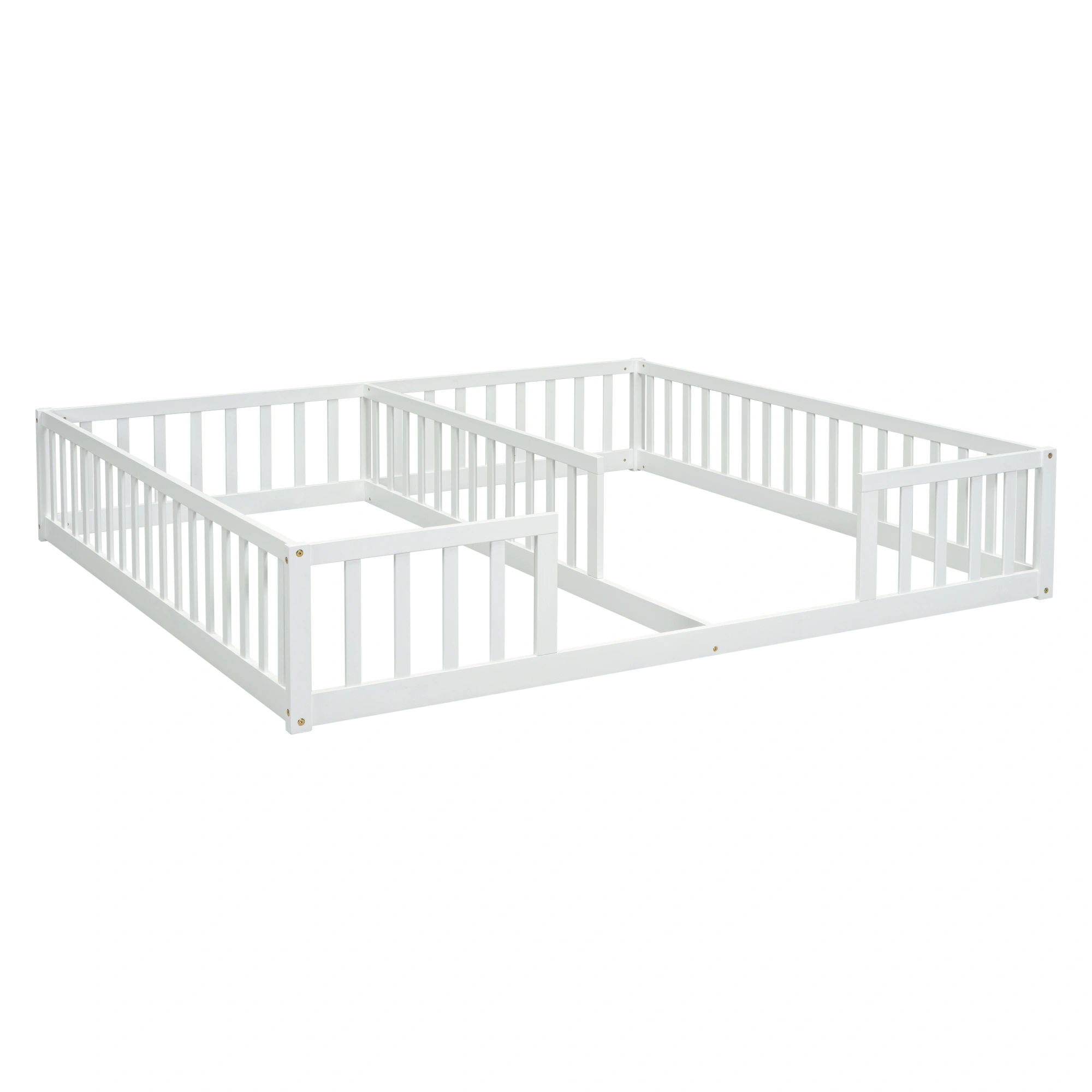 White Double Twin Floor Bed with Fence Guardrails, Low Platform Bed without Door view 12