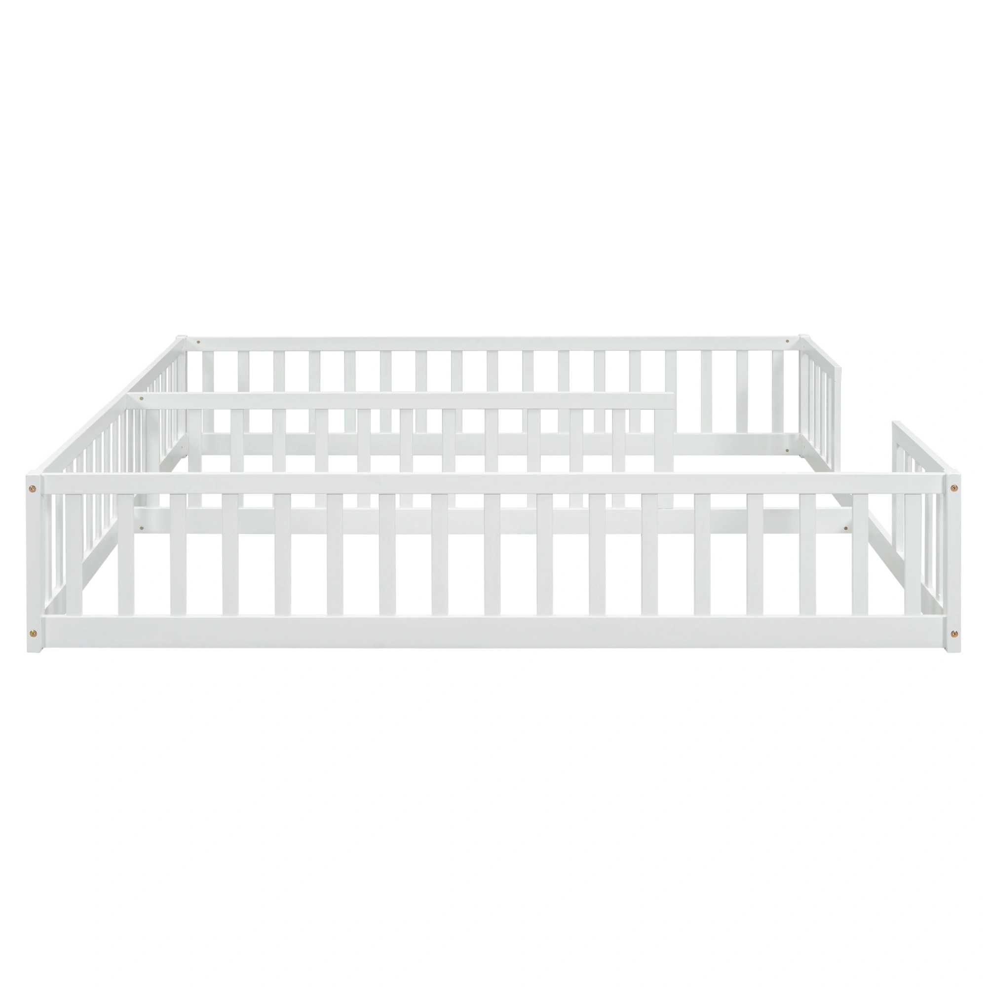 White Double Twin Floor Bed with Fence Guardrails, Low Platform Bed without Door view 13