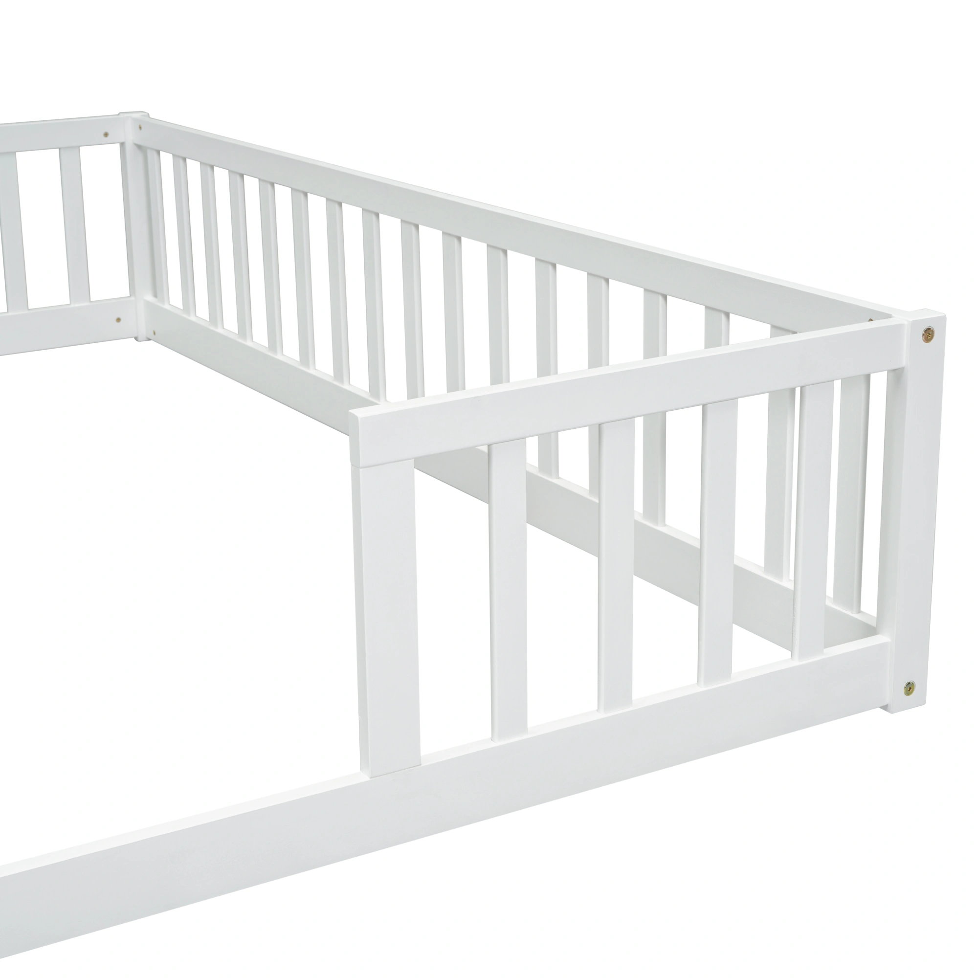 White Double Twin Floor Bed with Fence Guardrails, Low Platform Bed without Door view 14