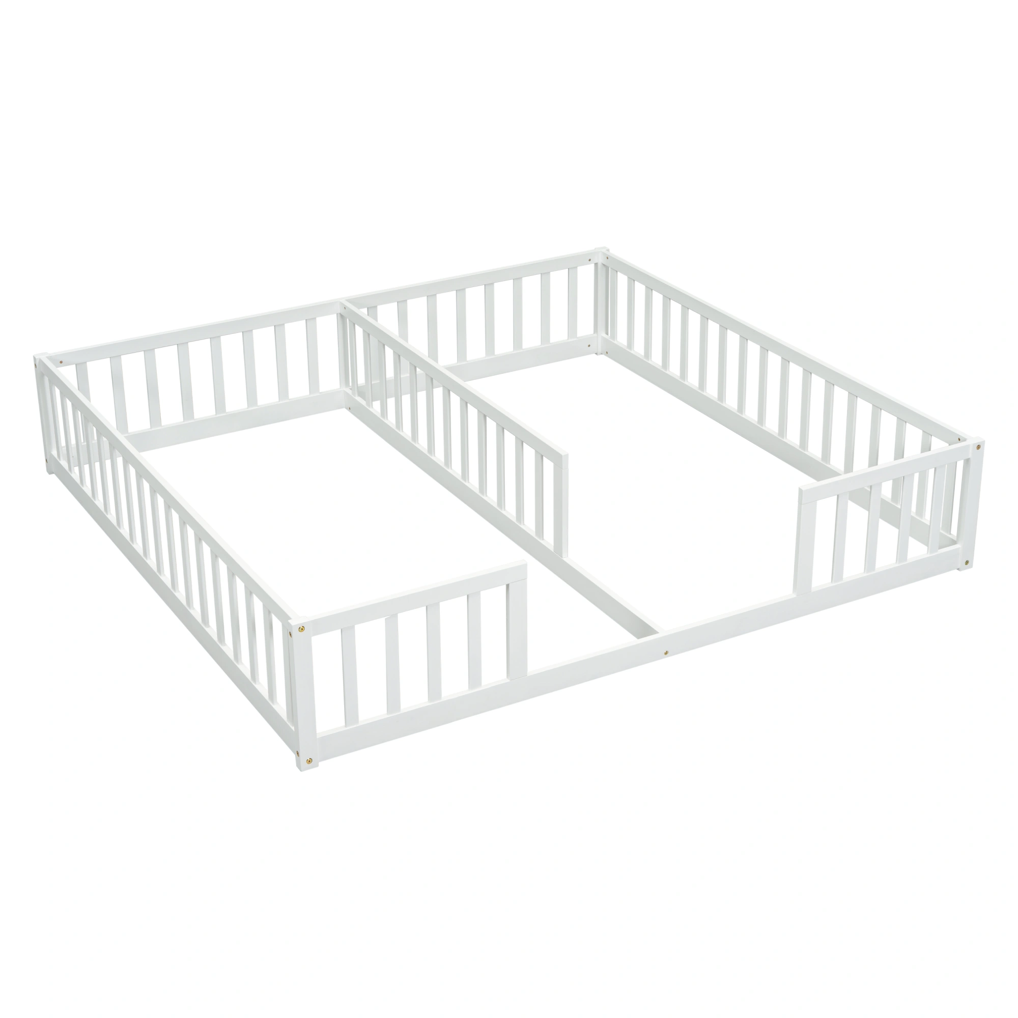 White Double Twin Floor Bed with Fence Guardrails, Low Platform Bed without Door view 15