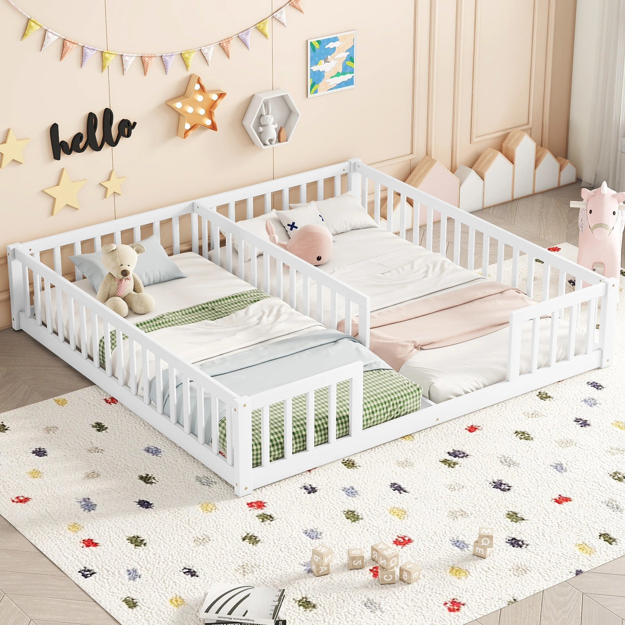 White Double Twin Floor Bed with Fence Guardrails, Low Platform Bed without Door view 18