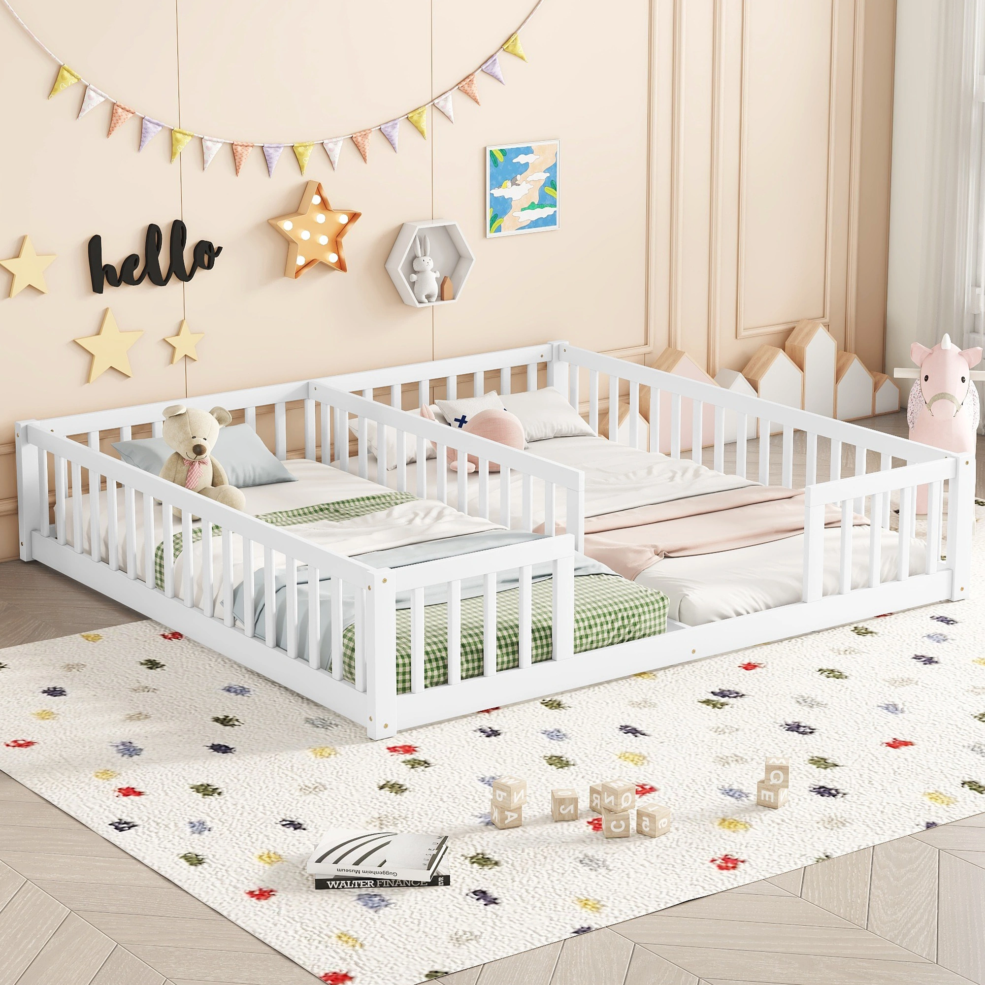 White Double Twin Floor Bed with Fence Guardrails, Low Platform Bed without Door view 19