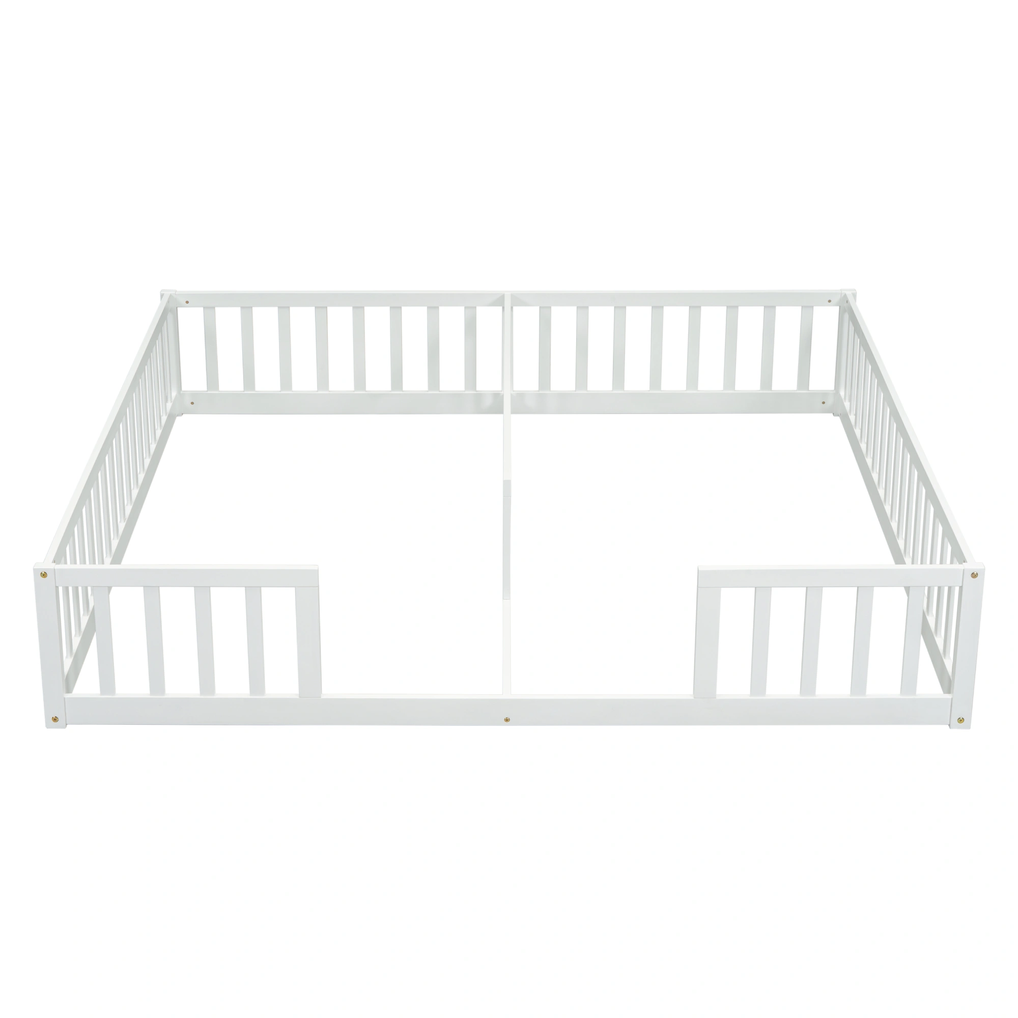 White Double Twin Floor Bed with Fence Guardrails, Low Platform Bed without Door view 2
