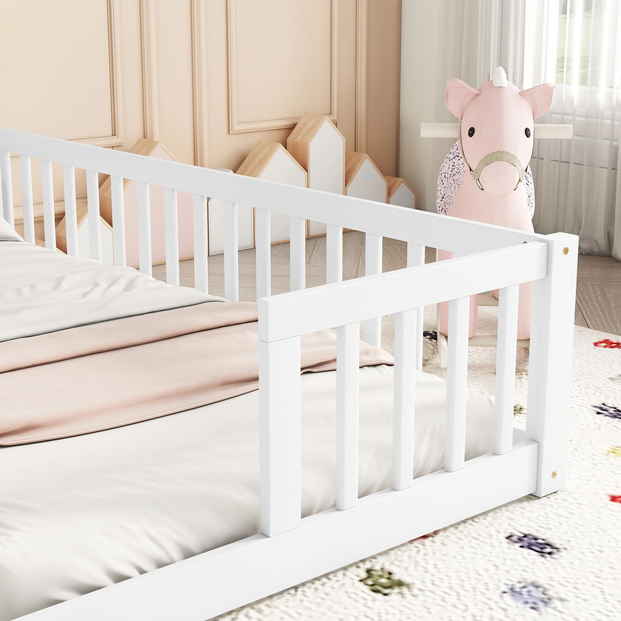 White Double Twin Floor Bed with Fence Guardrails, Low Platform Bed without Door view 22