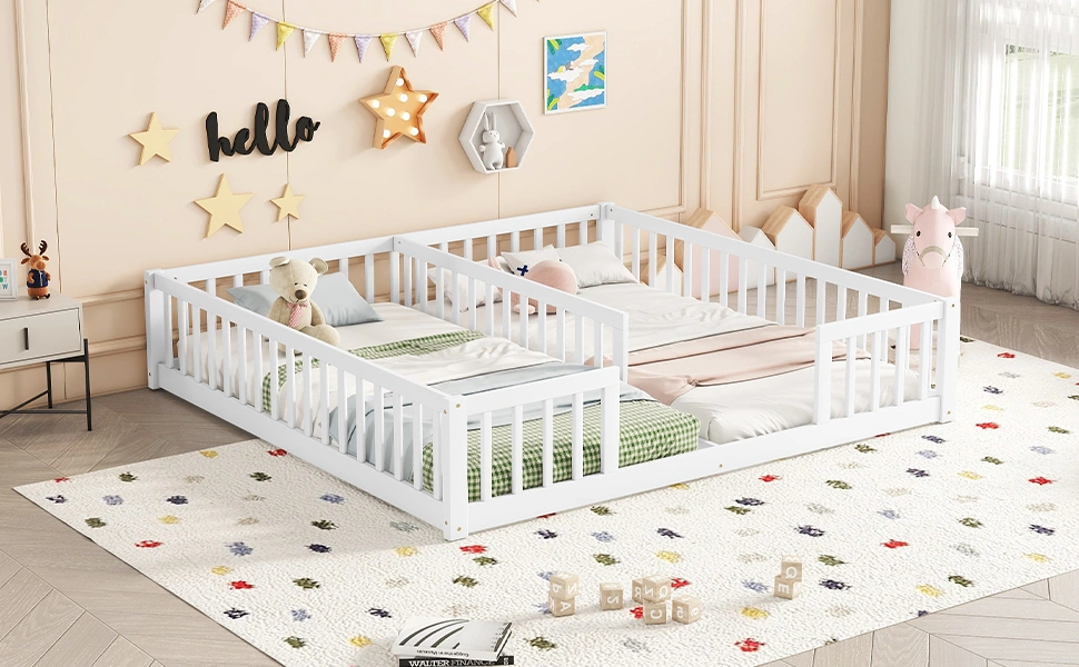 White Double Twin Floor Bed with Fence Guardrails, Low Platform Bed without Door view 23