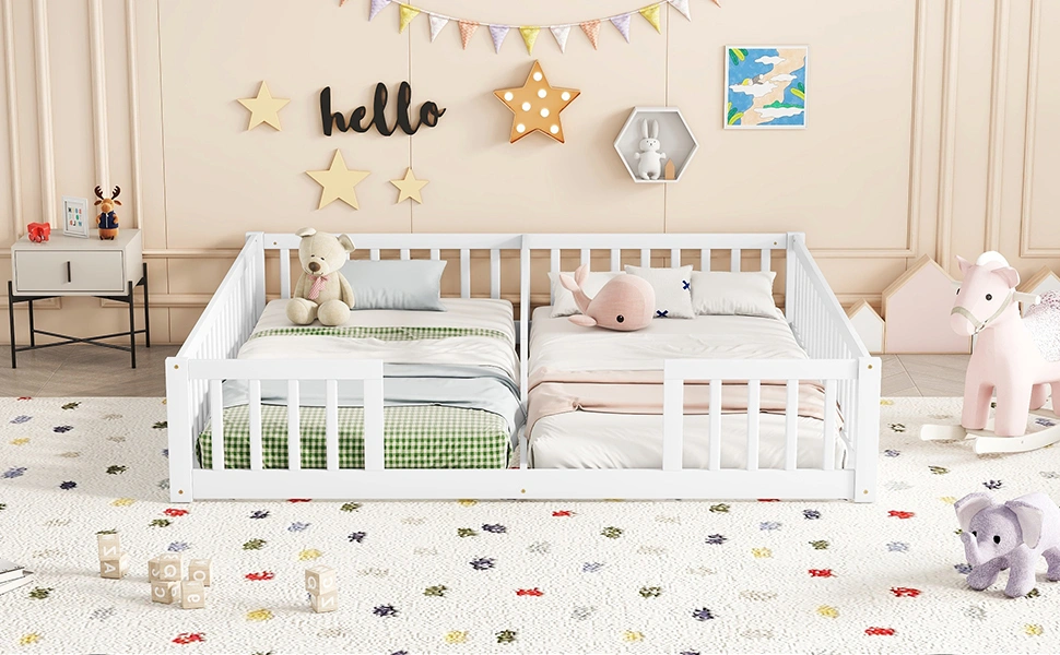 White Double Twin Floor Bed with Fence Guardrails, Low Platform Bed without Door view 24