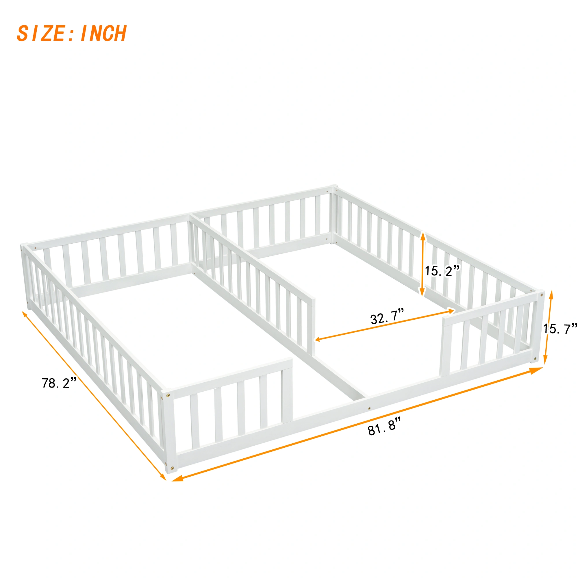 White Double Twin Floor Bed with Fence Guardrails, Low Platform Bed without Door view 3