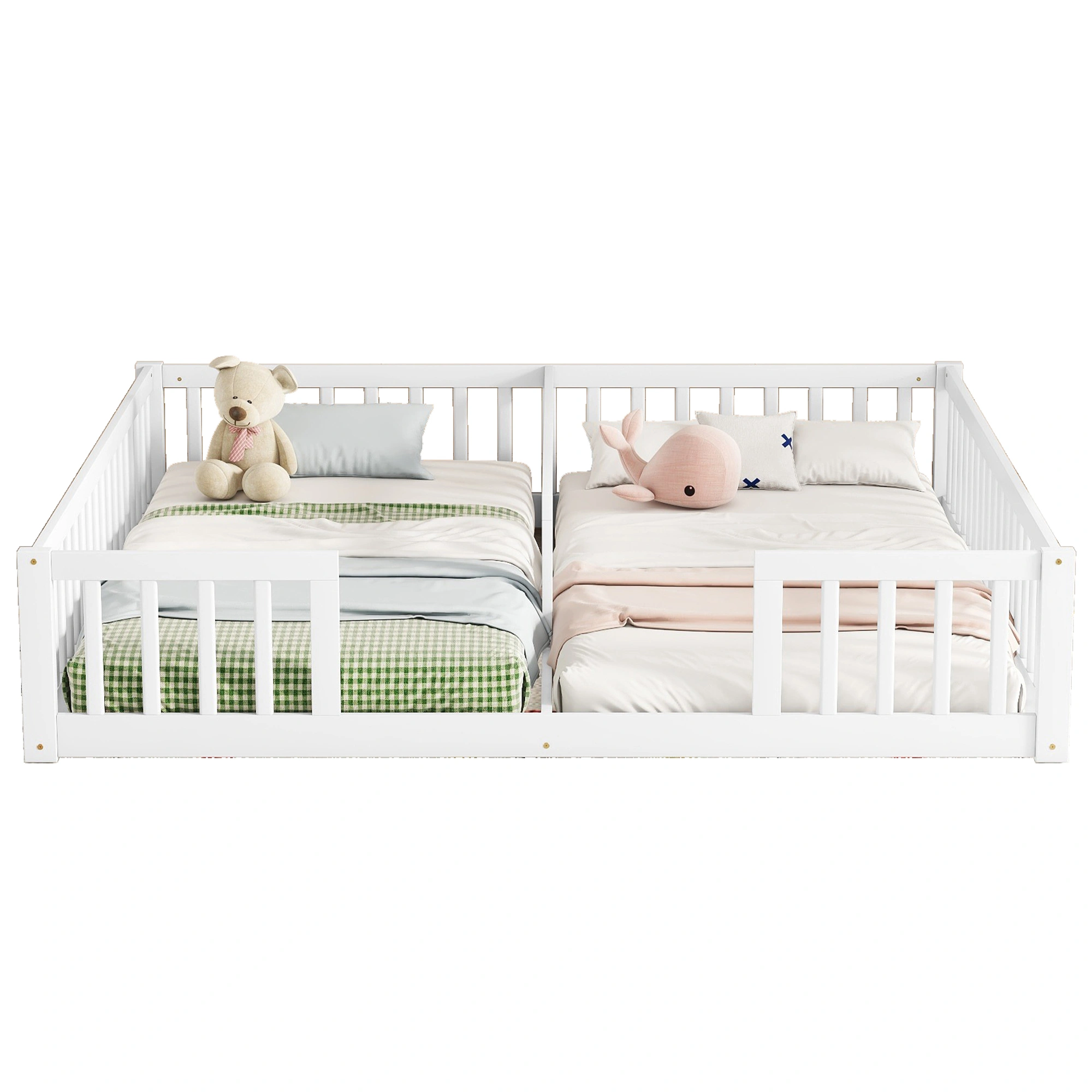 White Double Twin Floor Bed with Fence Guardrails, Low Platform Bed without Door view 4