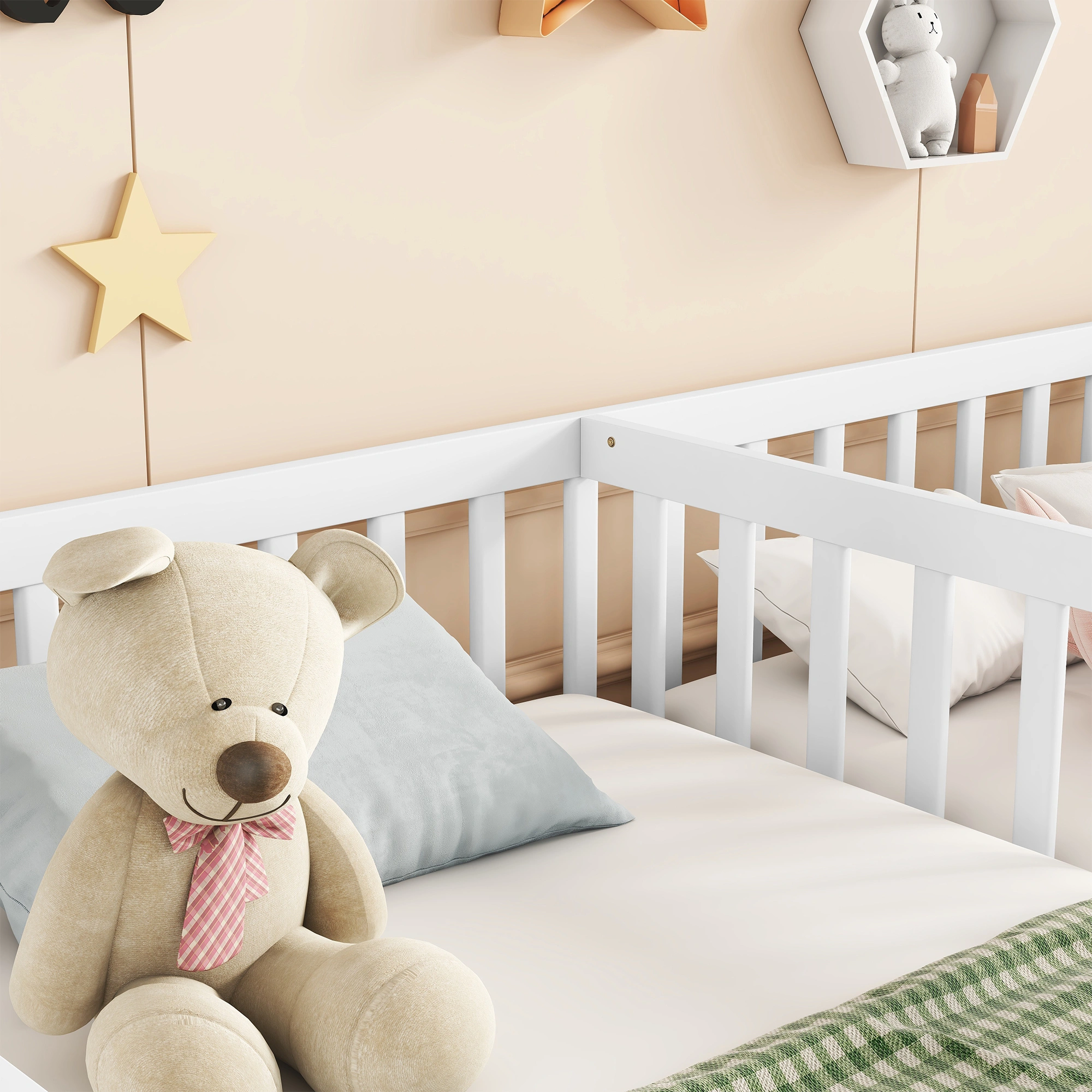 White Double Twin Floor Bed with Fence Guardrails, Low Platform Bed without Door view 5