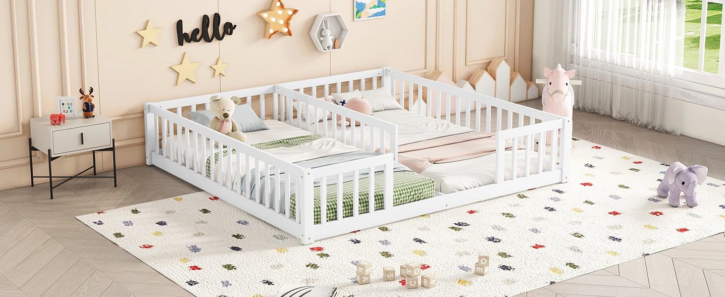 White Double Twin Floor Bed with Fence Guardrails, Low Platform Bed without Door view 6