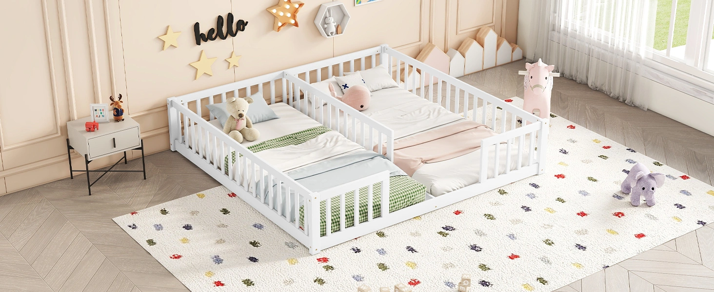 White Double Twin Floor Bed with Fence Guardrails, Low Platform Bed without Door view 7
