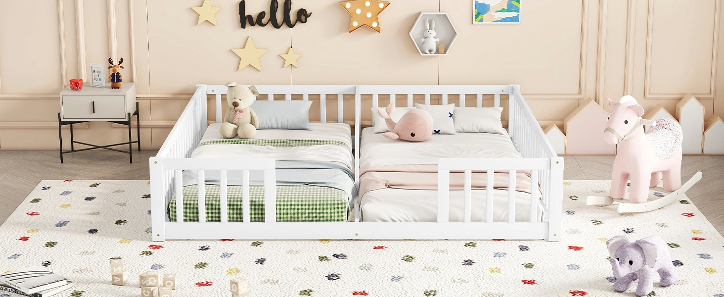 White Double Twin Floor Bed with Fence Guardrails, Low Platform Bed without Door view 8