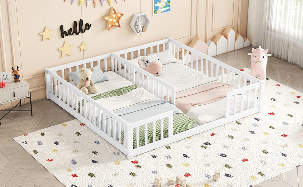 White Double Twin Floor Bed with Fence Guardrails, Low Platform Bed without Door view 9