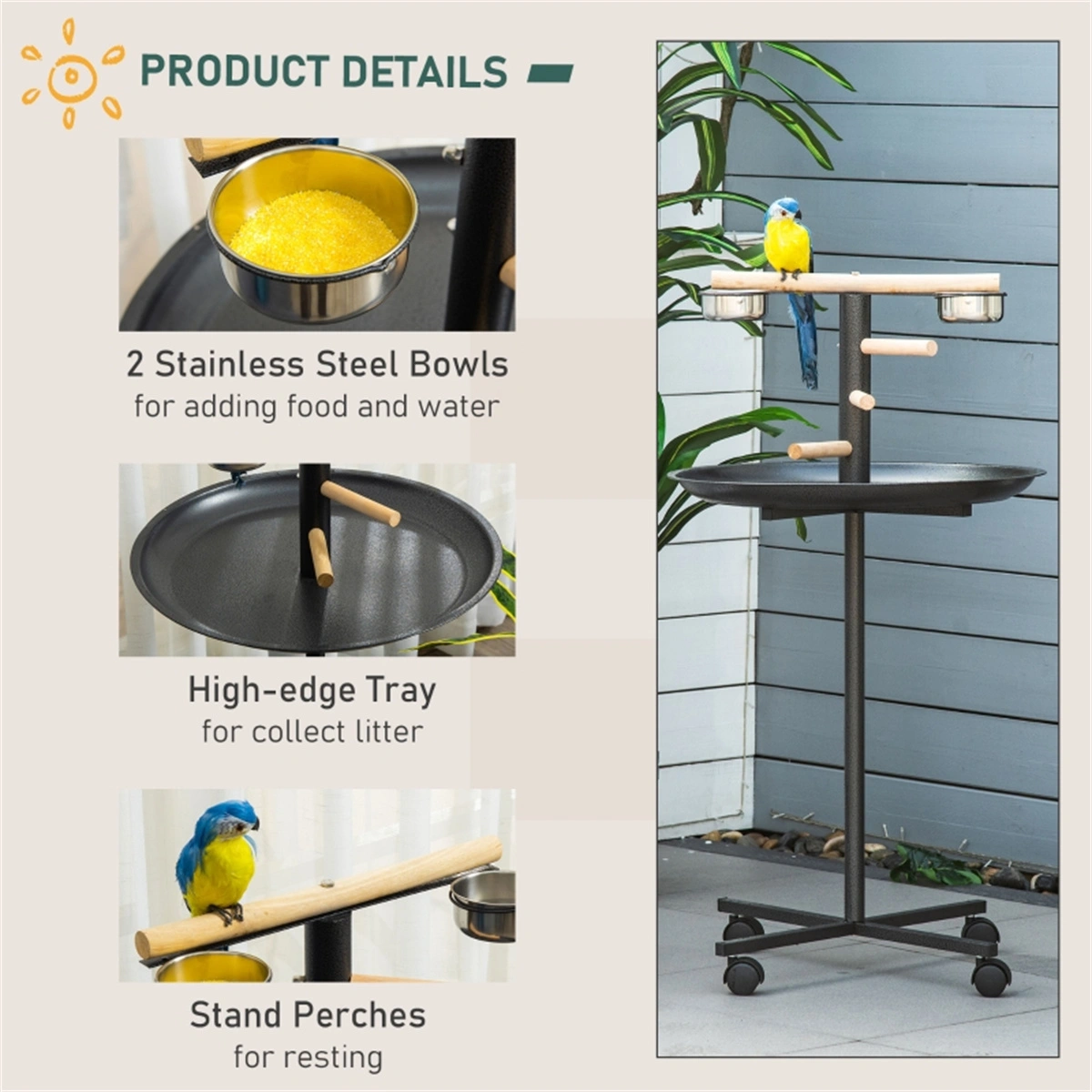 Bird Stand with Toy Bar, Adjustable Height Parrot Play Stand, Sturdy Metal Perch for Medium to Large Birds