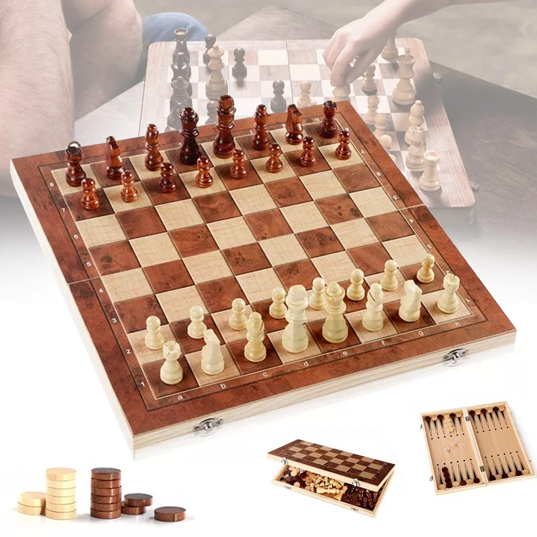 Large Wooden Chess Set Folding Board 39x39cm with Pieces Family Strategy Game Toys view 2