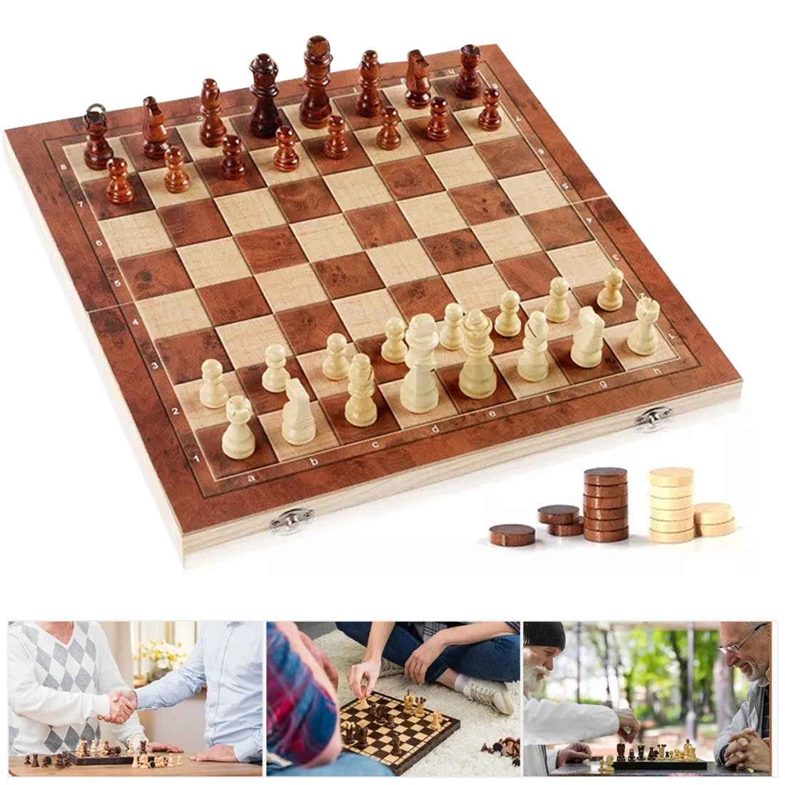 Large Wooden Chess Set Folding Board 39x39cm with Pieces Family Strategy Game Toys view 5
