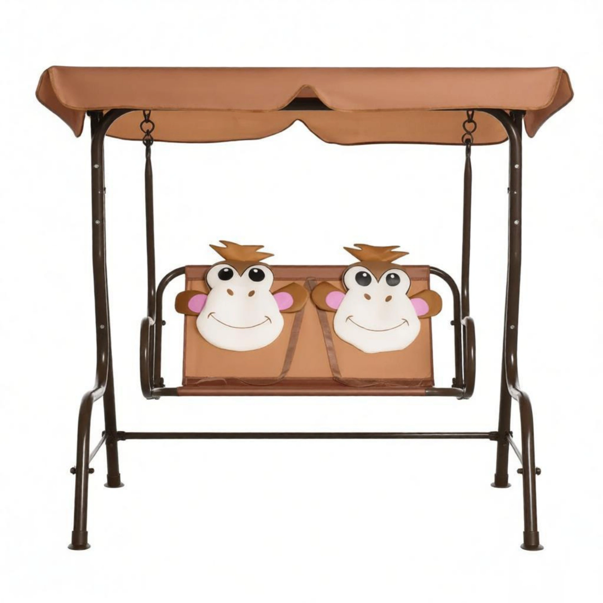 2-Seater Kids Patio Swing with Adjustable Canopy & Safety Belt, Monkey Pattern Hanging Swing Bench, Metal Frame Garden Swing for Backyard, Playroom, Toddler Outdoor Chair view 2