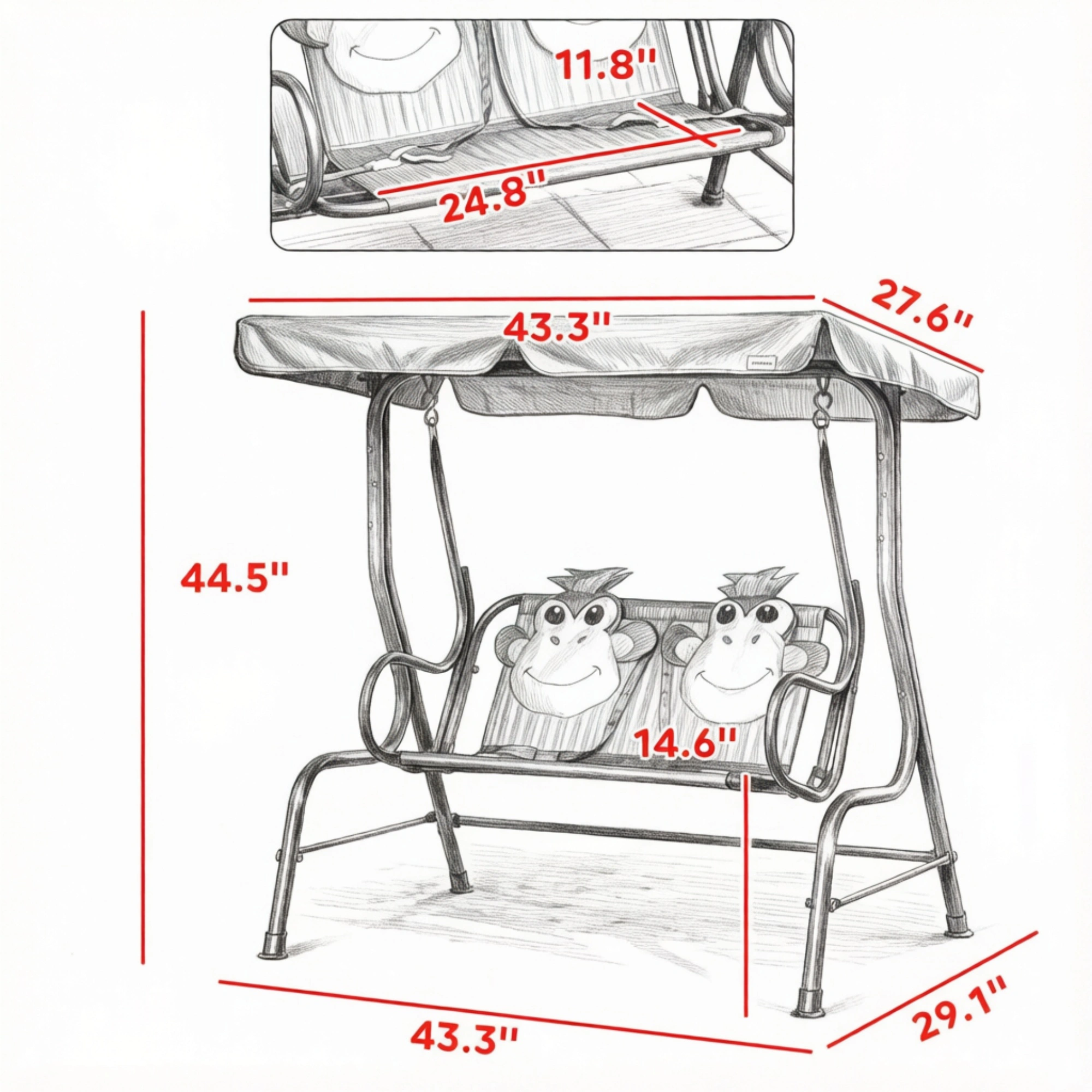 2-Seater Kids Patio Swing with Adjustable Canopy & Safety Belt, Monkey Pattern Hanging Swing Bench, Metal Frame Garden Swing for Backyard, Playroom, Toddler Outdoor Chair view 3