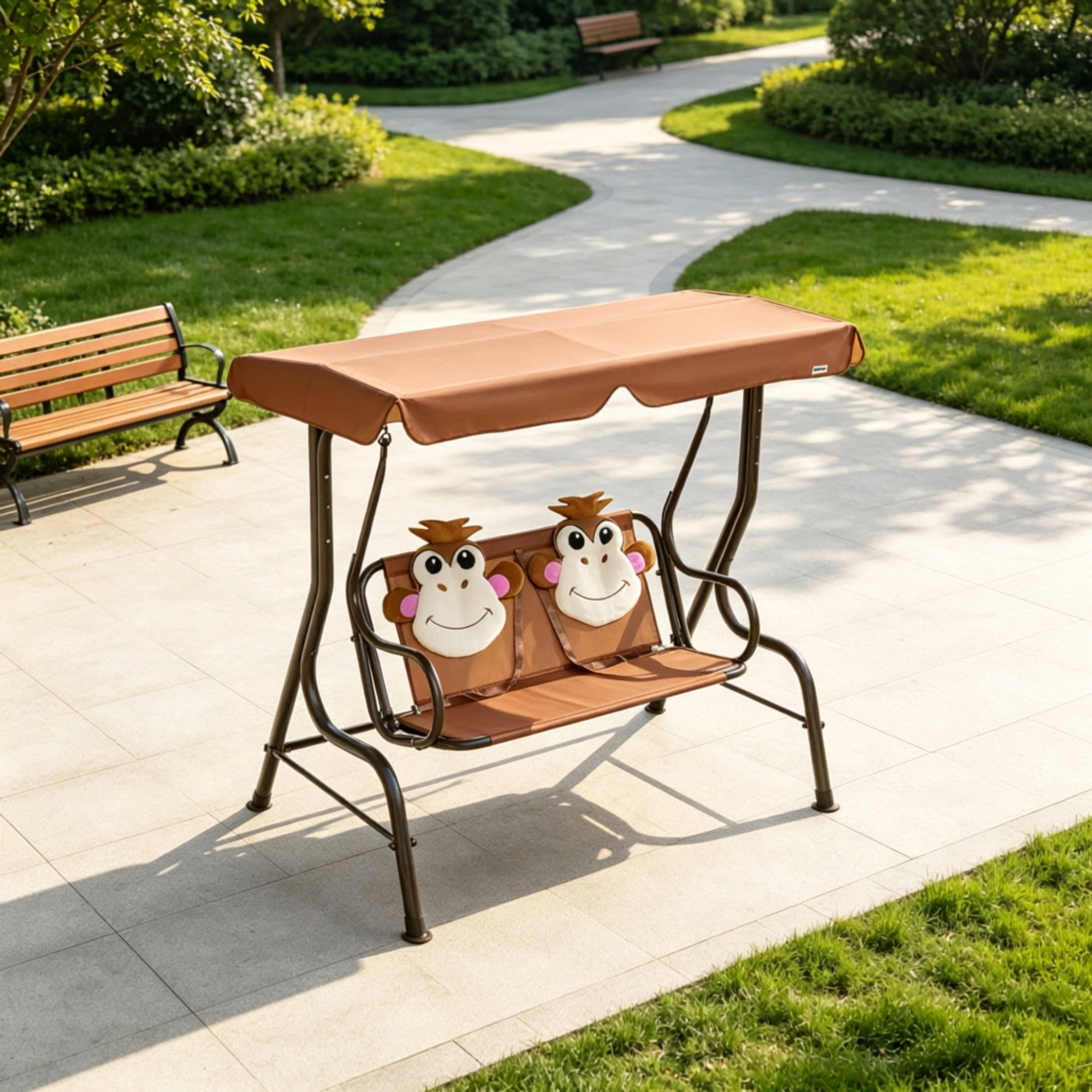 2-Seater Kids Patio Swing with Adjustable Canopy & Safety Belt, Monkey Pattern Hanging Swing Bench, Metal Frame Garden Swing for Backyard, Playroom, Toddler Outdoor Chair view 4