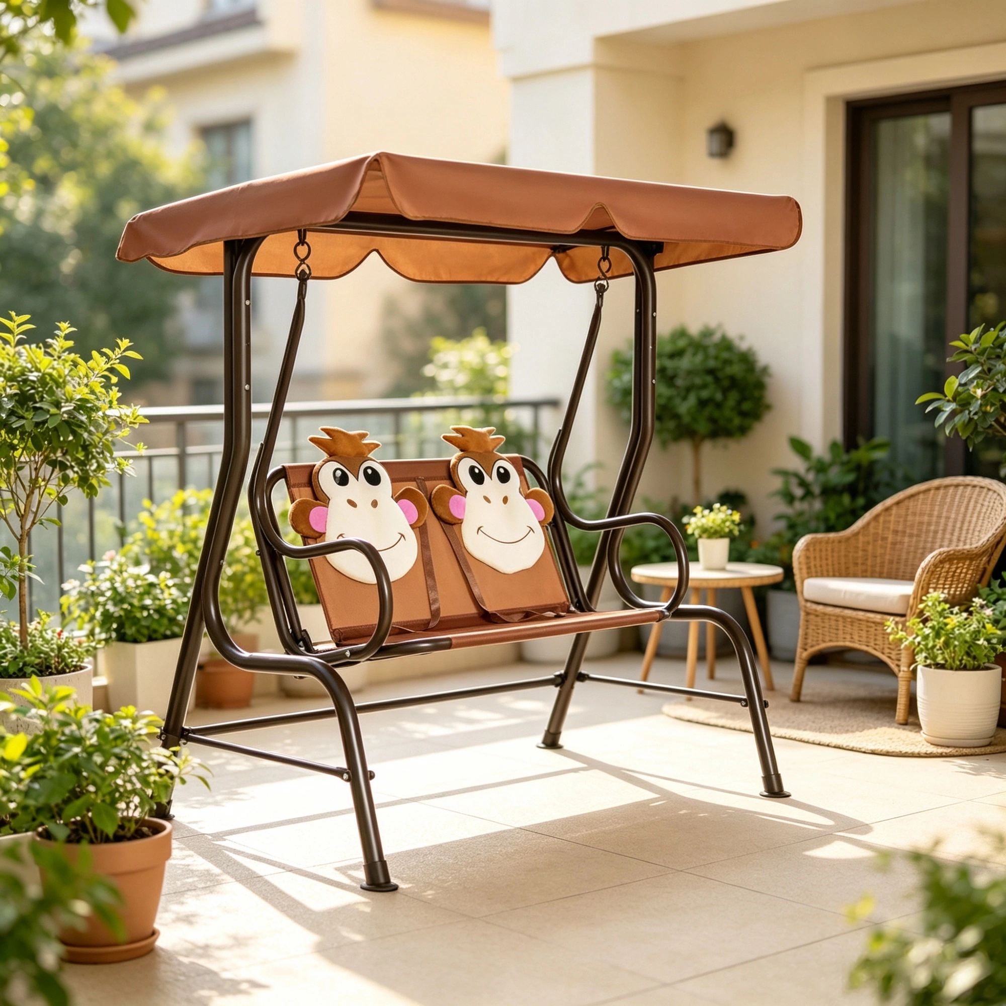 2-Seater Kids Patio Swing with Adjustable Canopy & Safety Belt, Monkey Pattern Hanging Swing Bench, Metal Frame Garden Swing for Backyard, Playroom, Toddler Outdoor Chair view 5