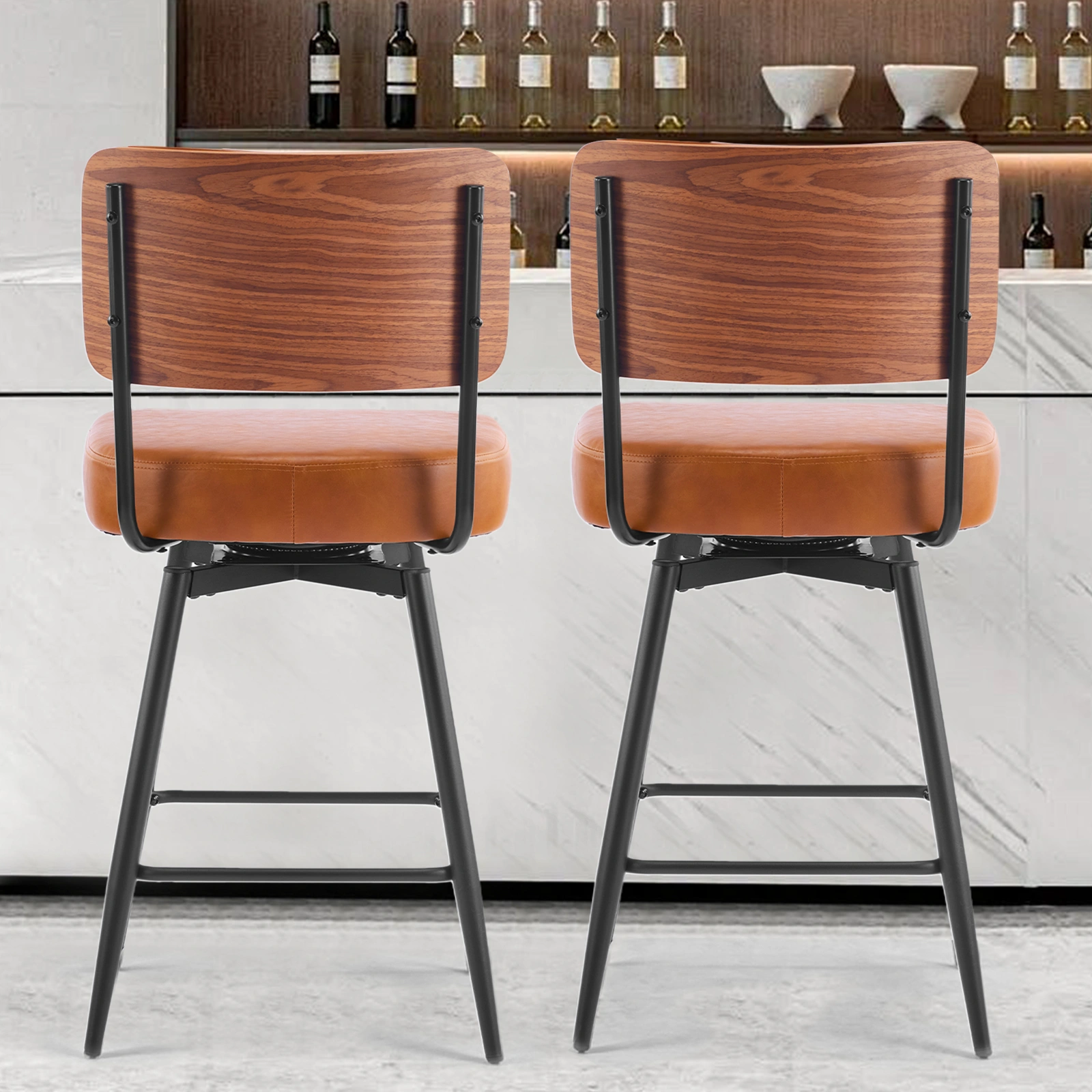 2 Pcs Brown PU Swivel Bar Stools with Removable Backrest, Bentwood Back Panel & Metal Legs view 7