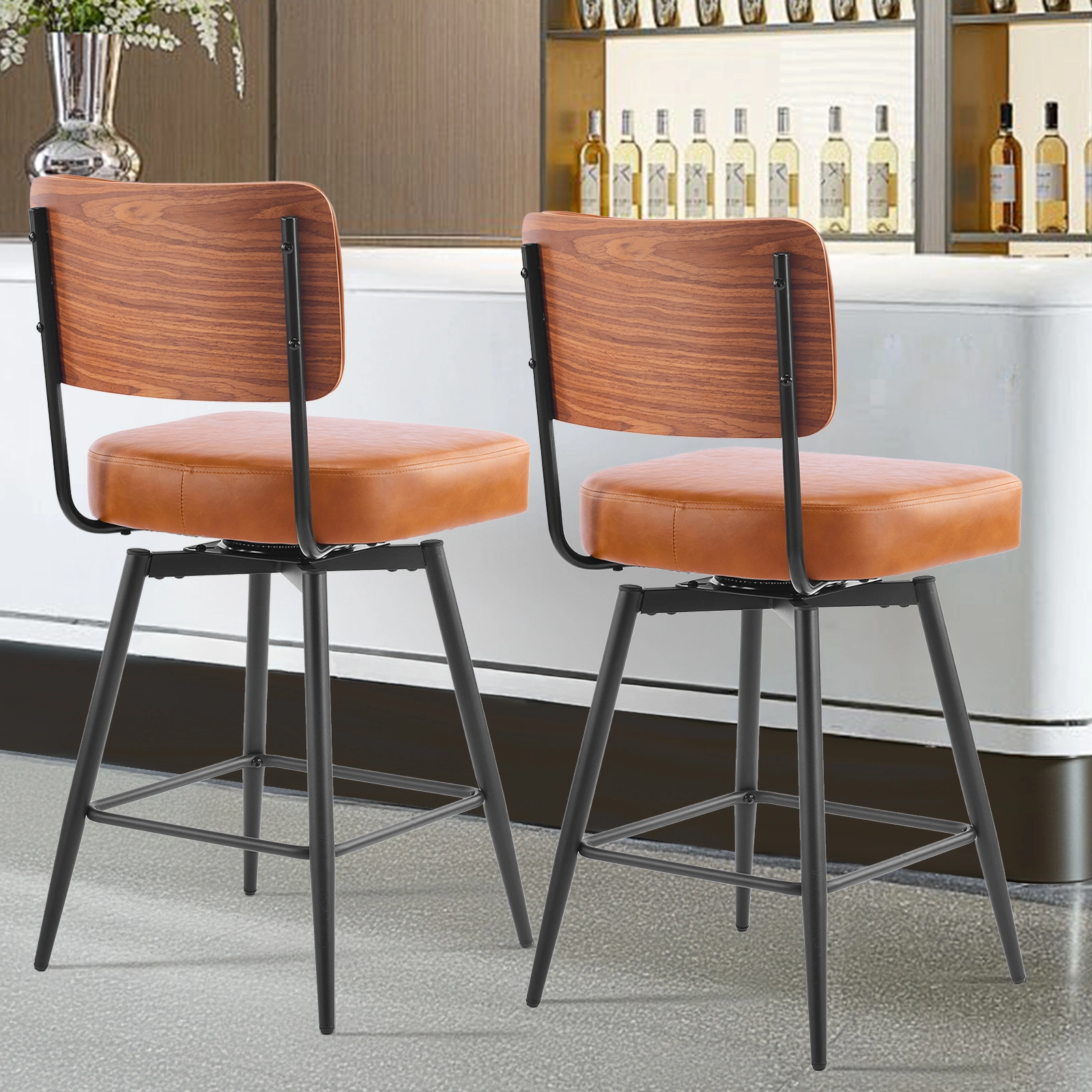 2 Pcs Brown PU Swivel Bar Stools with Removable Backrest, Bentwood Back Panel & Metal Legs view 8