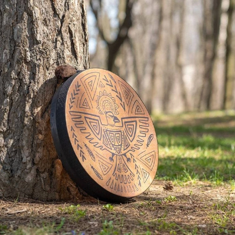 Shamanic Bird Drum - 12 inch Totem Drum, Handmade Wooden Tribal Percussion Instrument for Sound Healing, Meditation & Wall Decor, Felt Mallet Included