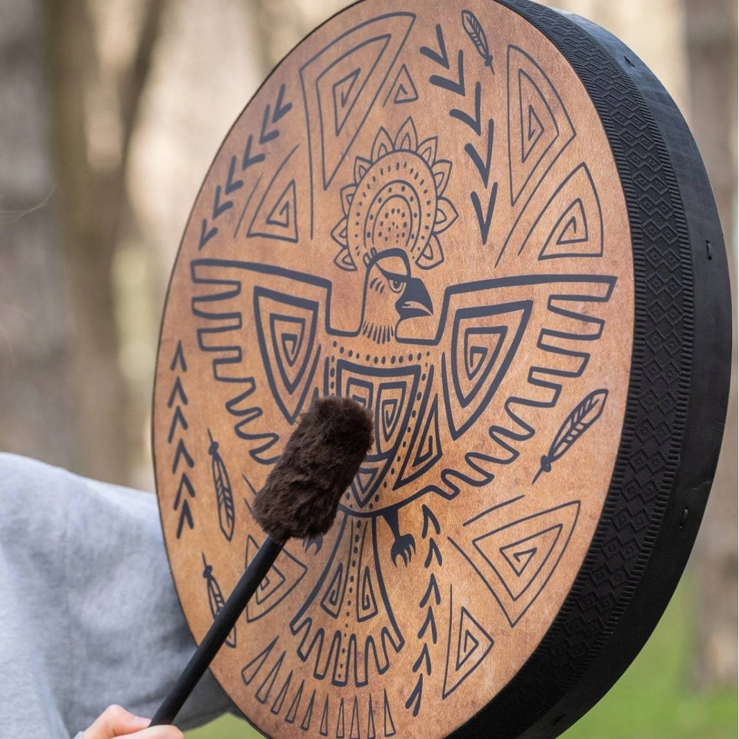 Shamanic Bird Drum - 12 inch Totem Drum, Handmade Wooden Tribal Percussion Instrument for Sound Healing, Meditation & Wall Decor, Felt Mallet Included view 3