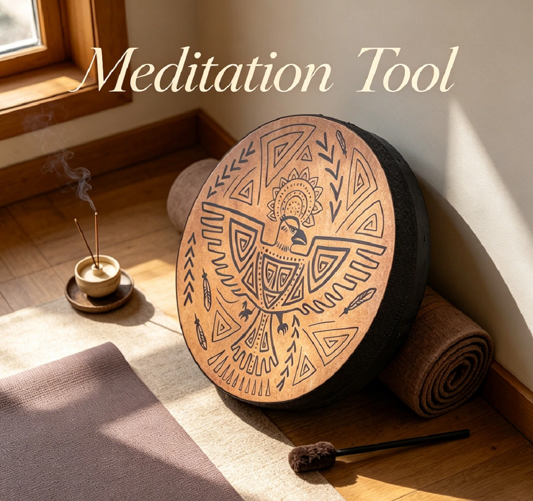 Shamanic Bird Drum - 12 inch Totem Drum, Handmade Wooden Tribal Percussion Instrument for Sound Healing, Meditation & Wall Decor, Felt Mallet Included view 4